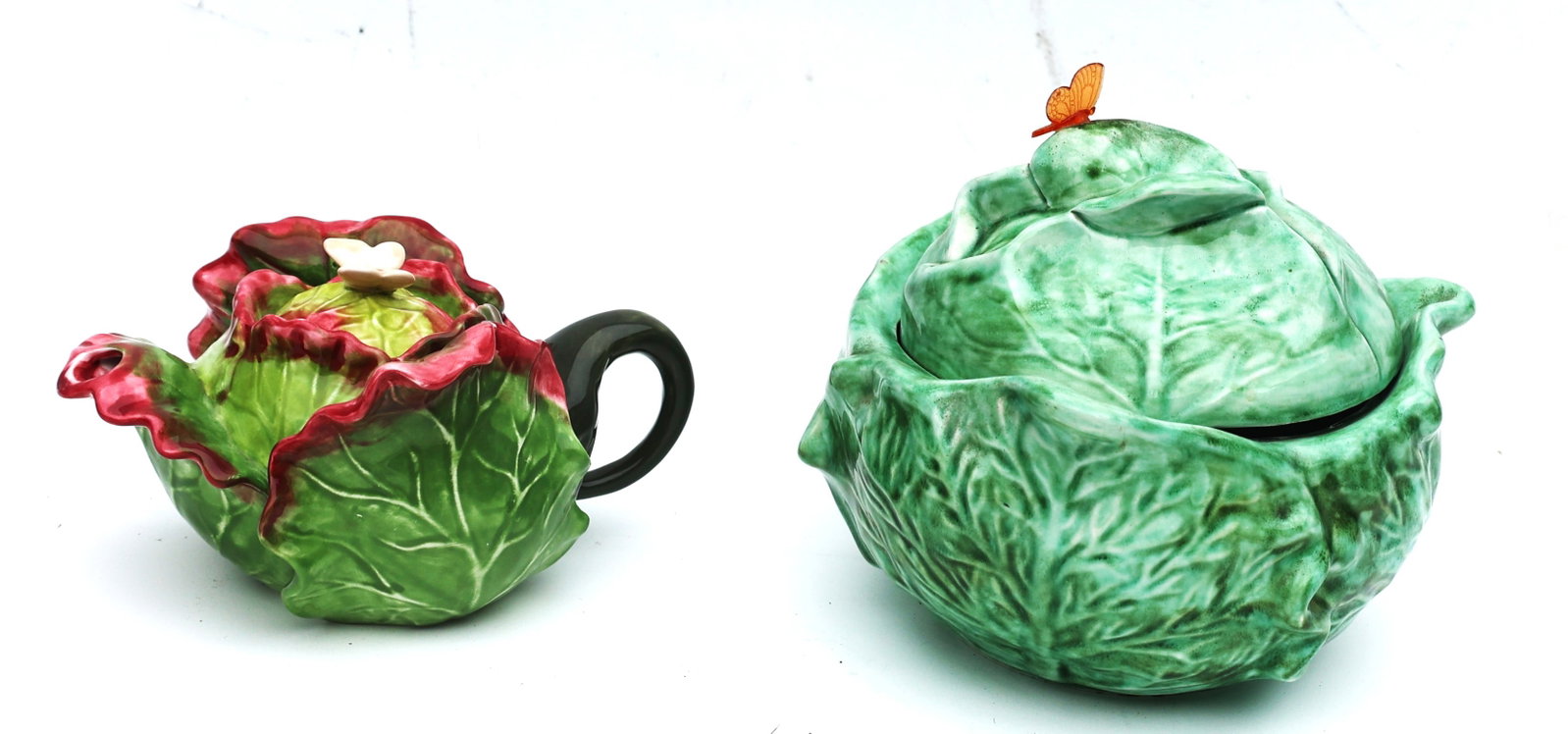 2 Unique Cabbage Cereamic Teapot and Covered Bowl, both with Butterfly on Lids (1 of 8)