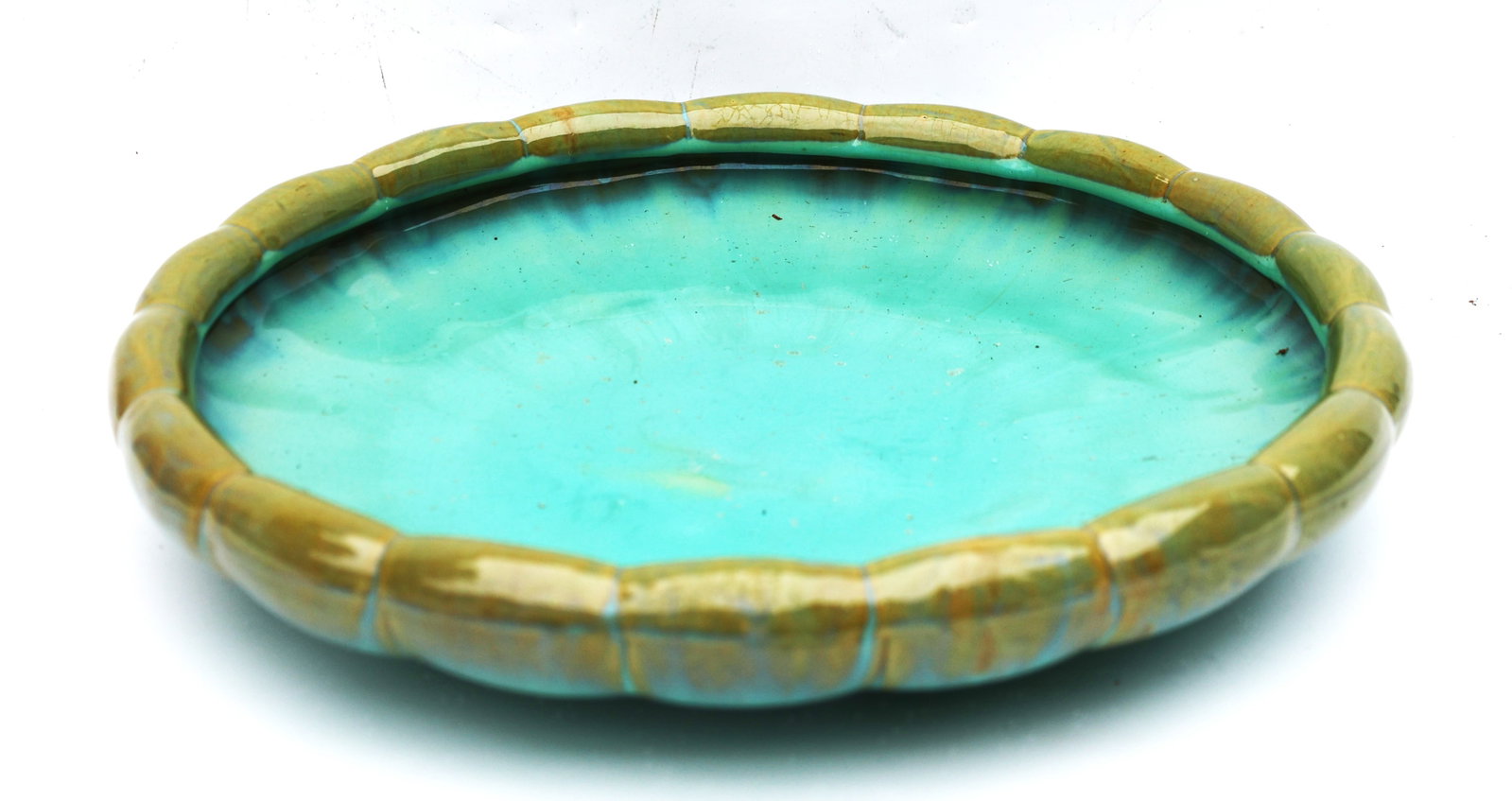 FULPER Pottery Green Glaze Low Bowl 15 inches diameter: Size: 2 in. height x 15 inches diameter ; FULPER Pottery Green Glaze Low Bowl 15 inches diameter