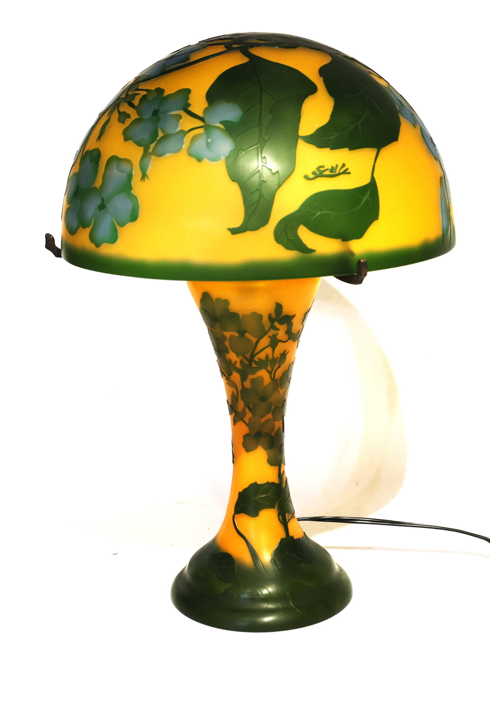 Signed Galle, 20th C. Cut Cameo Glass Mushroom L amp, Floral Design , Glass Shade & Base: Size: 18 in. height, 12 in. diameter shade, 6 in. diameter base ; Excellent Condition, No Flaws, Wiring all good, Lights fine. Signed Galle, 20th C. Cut Cameo Glass Mushroom L amp, Floral Design , Gla