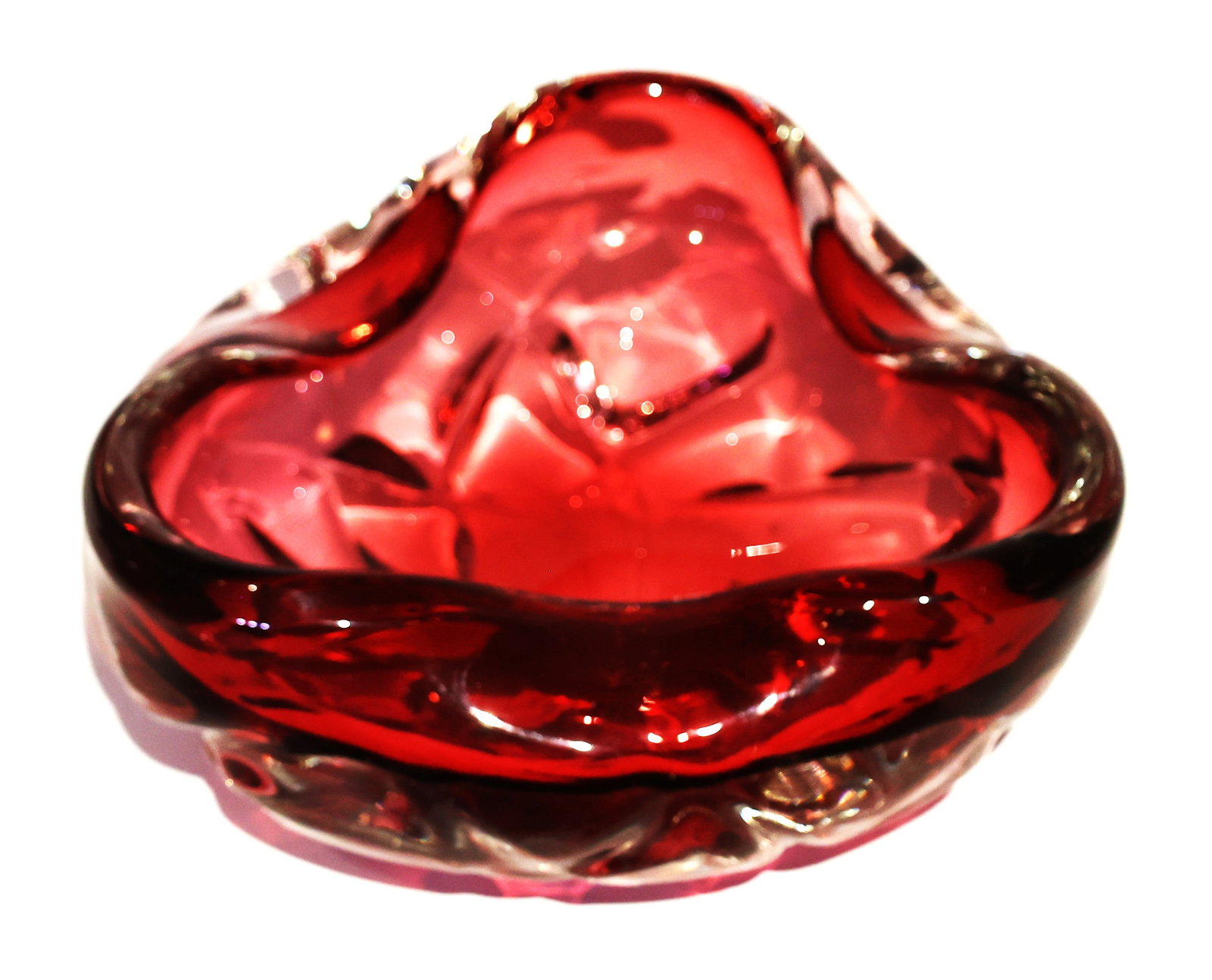 Quality Cranberry Heavy Thick Art Glass Bowl, Fold-over sides, Polished Base Bottom - Vintage (1 of 3)