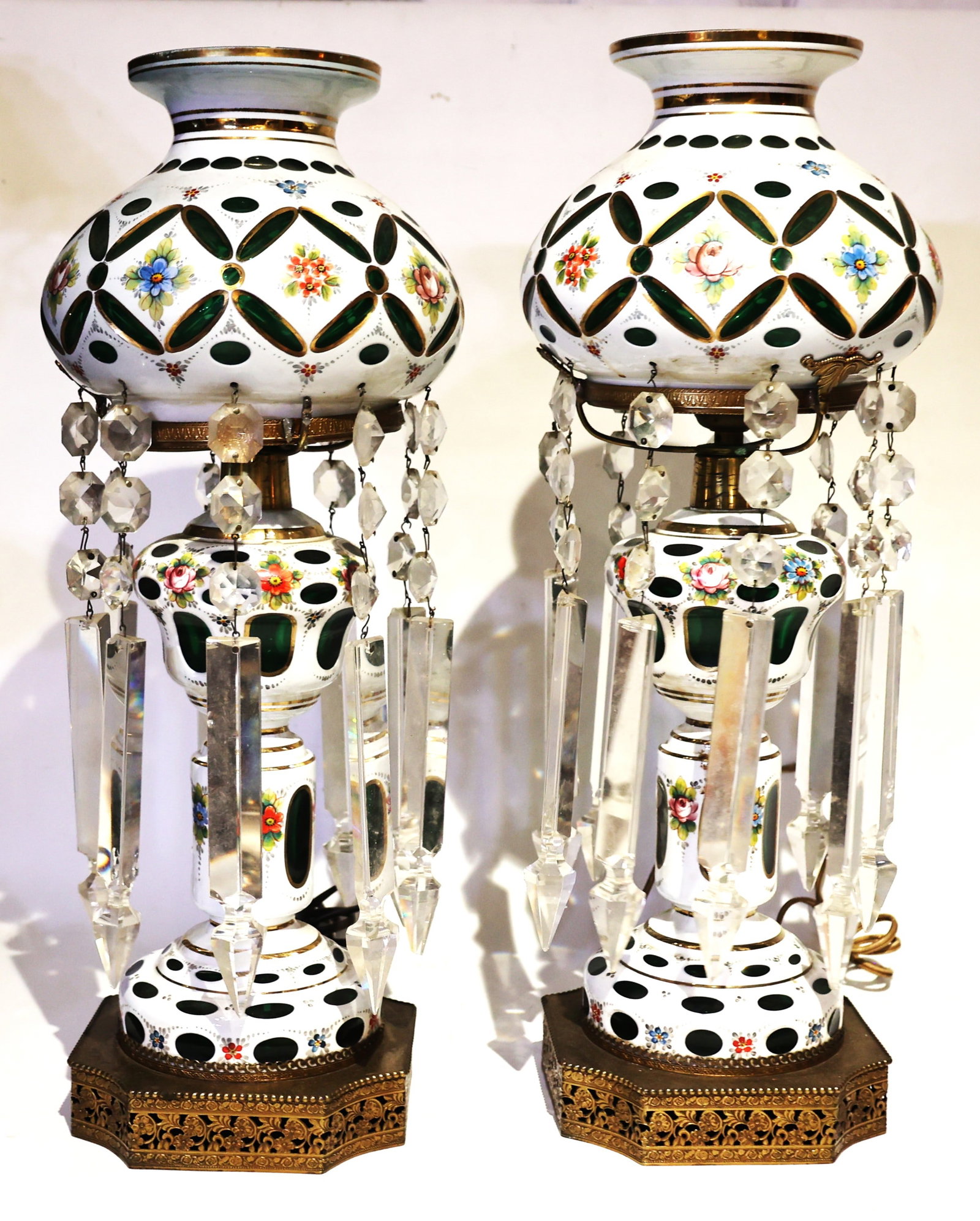 Pair Bohemian art glass hand-painted mantle lusters white glass green overlay cut-to-clear (1 of 6)