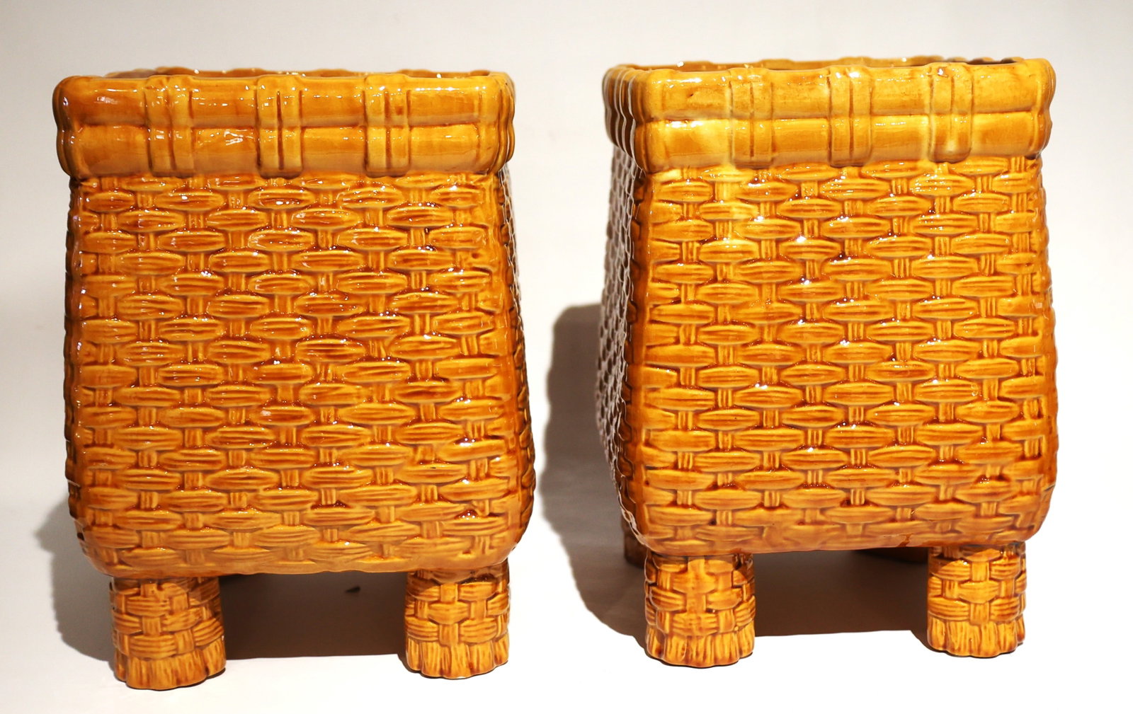 2 Orange Glazed Ceramic Planters on Feet, Basket Weave Pattern (1 of 4)