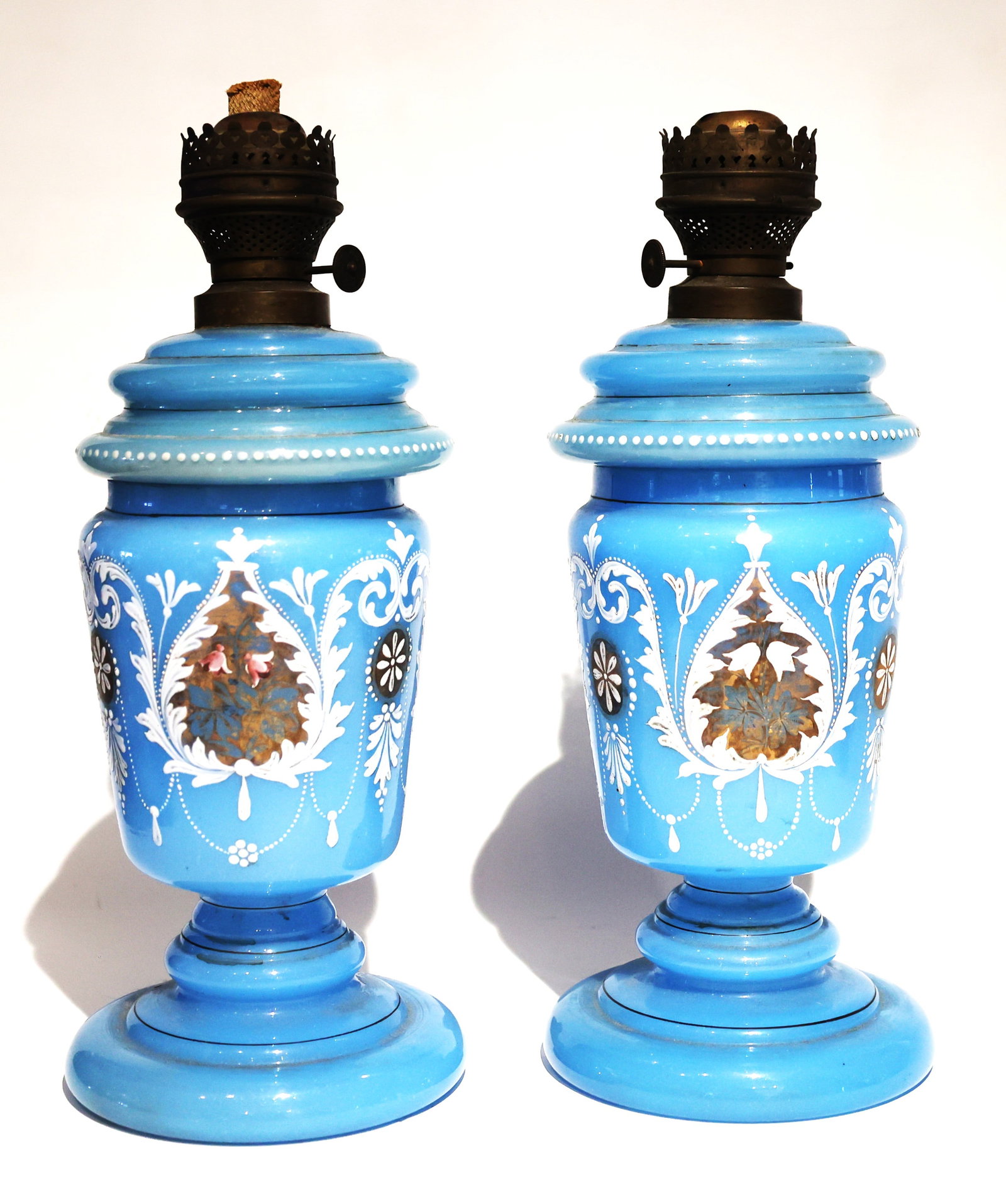 Matched Pair Antique Victorian 19th C. Blue Bristol Glass Oil Lamps with Enamel Decoration (1 of 6)