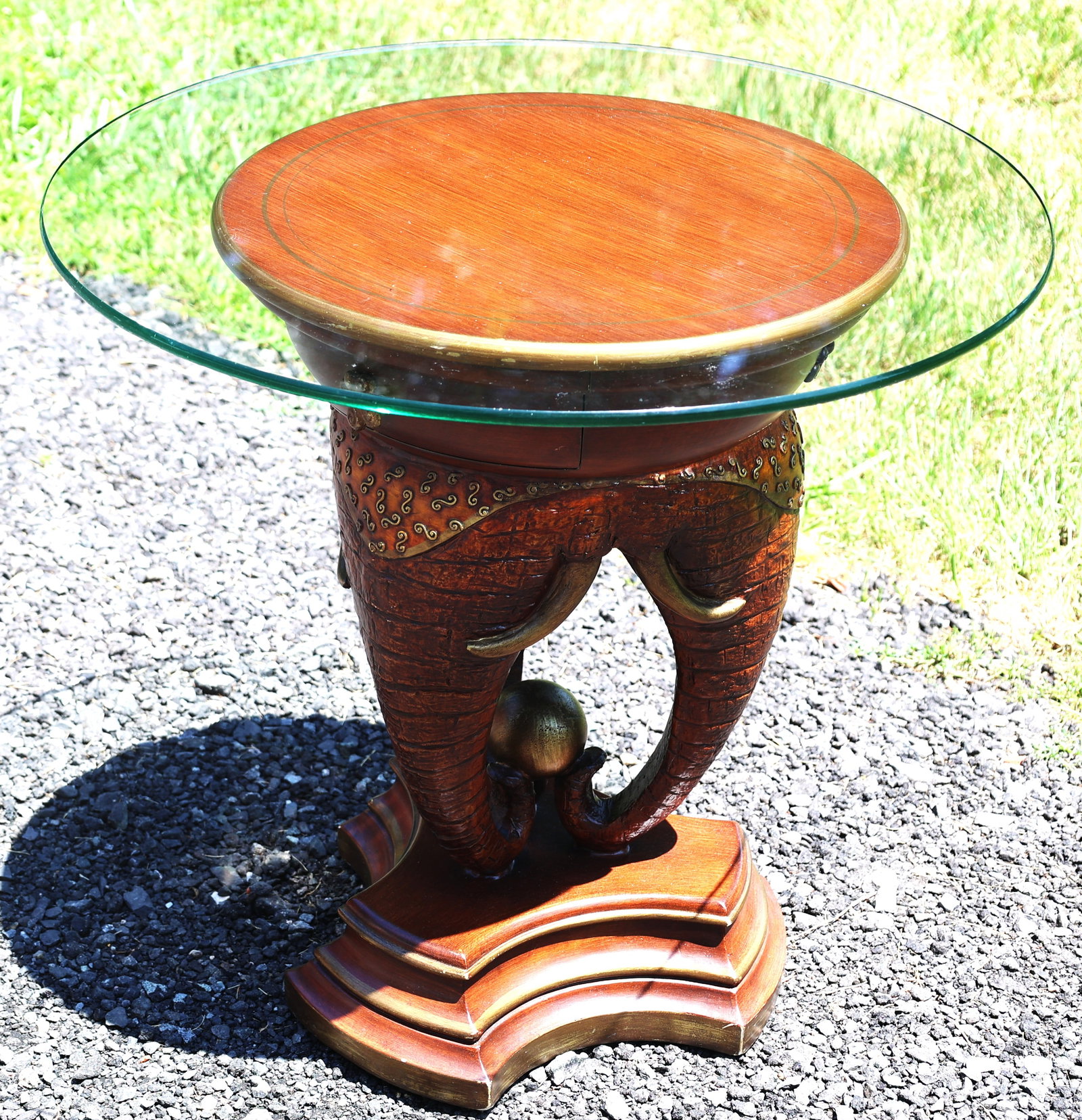 Stylized Wood Figural Elephant Base Round Glass Top Occasional Stand with One Drawer (1 of 10)