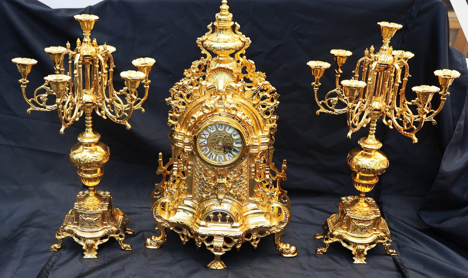 3 Piece Very Ornate Intricate French Clock Set in Highly Polished and Lacquered Brass (1 of 9)