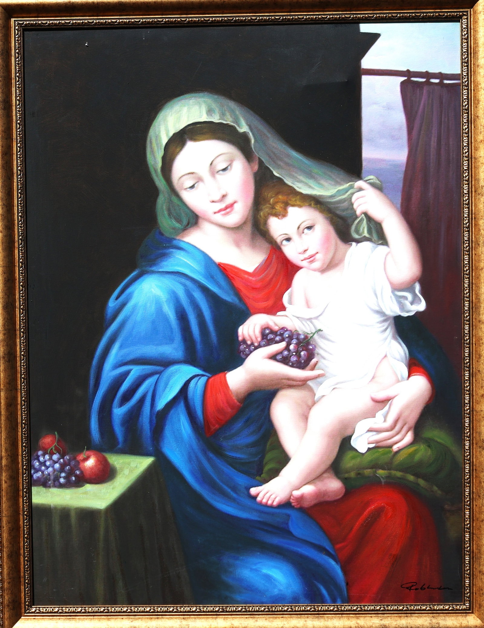 Signed Robinson, Fine 20th C. Oil on Canvas Painting Virgin Mary holding the infant Jesus, Framed: Size: image 48 in. x 36 in. , outer frame 53 in. x 41 in. ; Virgin Mary holding the infant Jesus, who is reaching for a bunch of grapes.