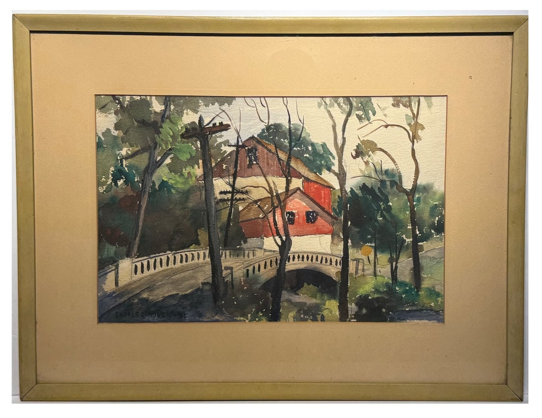 Charles Rosen; 20thC. American Watercolor "Village Bridge" Signed and Dated '36 (1 of 4)