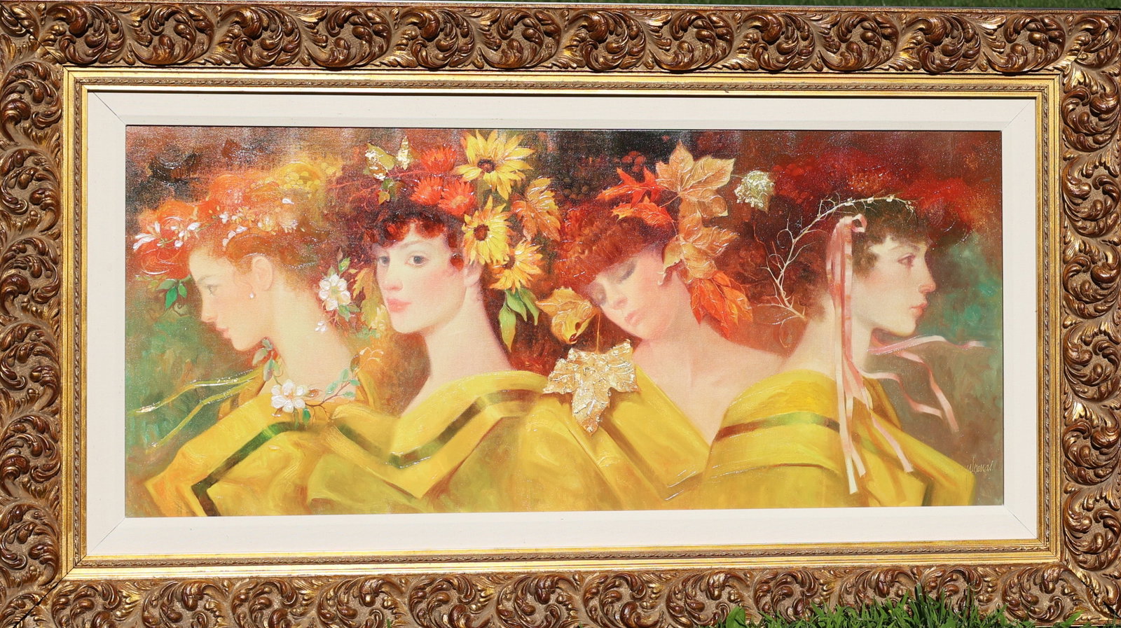 limited edition giclée print titled "4 Estaciones" (Four Seasons) by the Spanish artist Felix Mas.: Size: image 18 in. x 42.5 in. outer frame 30.5 in. x 54.5 in. ; limited edition giclée print titled "4 Estaciones" (Four Seasons) by the Spanish artist Felix Mas.It depicts four female figures, each 
