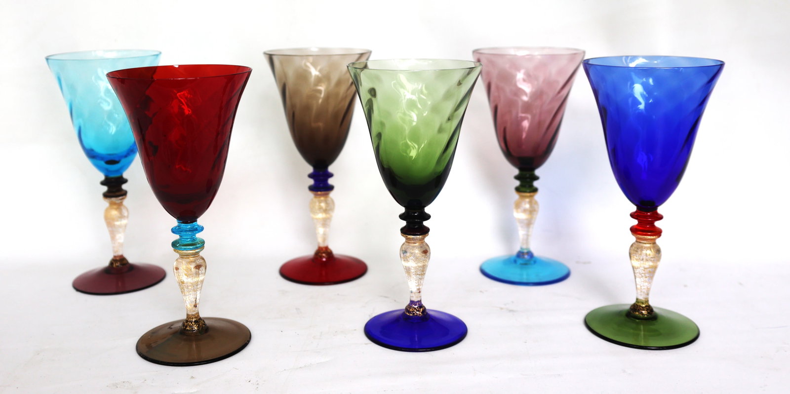 Set 6 Nason Moretti "Sandra" model Murano glass wine goblets featuring a colored, spiraled bell and (1 of 3)