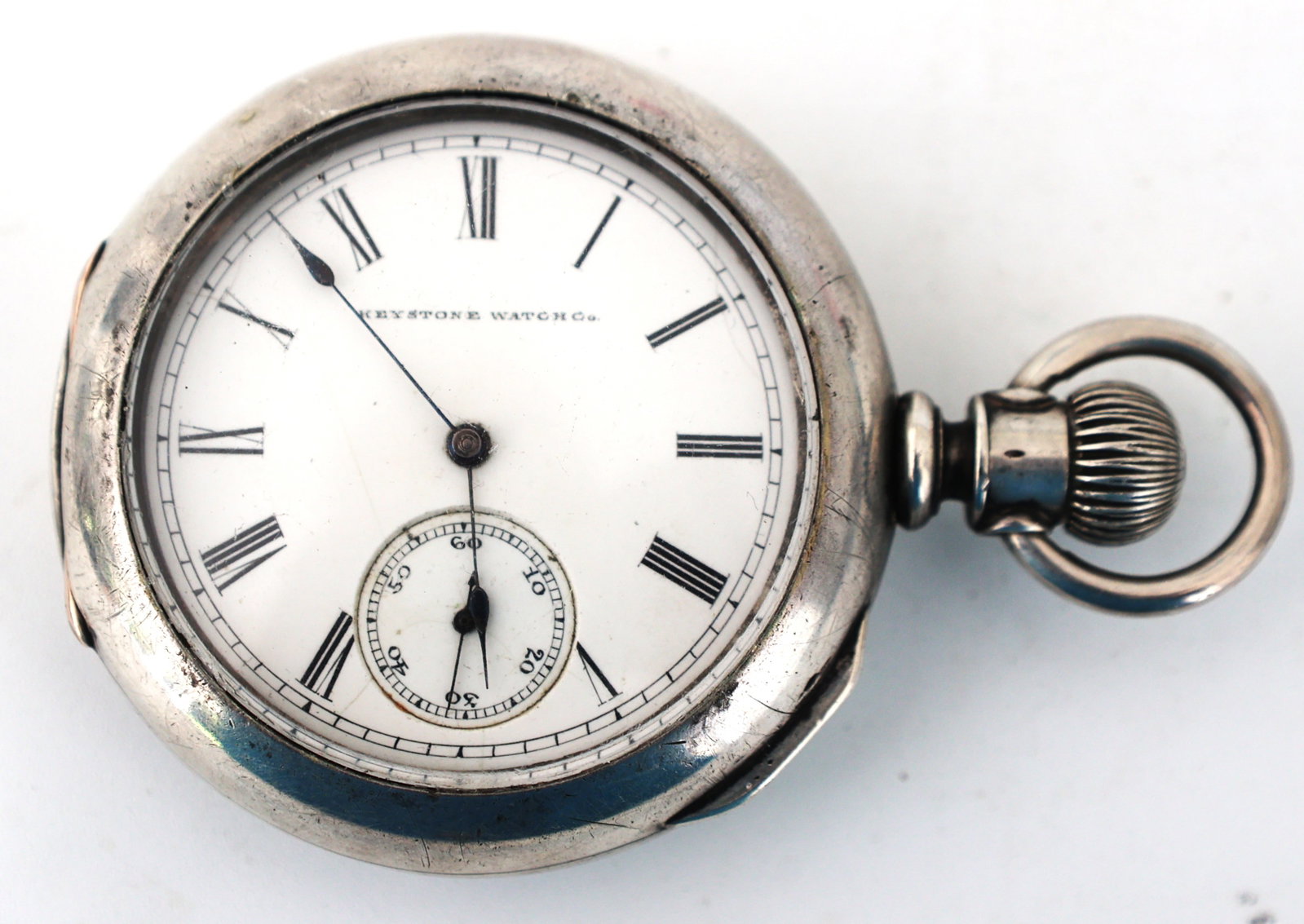 Keystone Watch Co. , Pocket Watch, Case Tests Sterling Silver: Size 3 1/4 in. x 2 1/4 in. face;Keystone Watch Co. , Pocket Watch, Case Tests Sterling Silver.