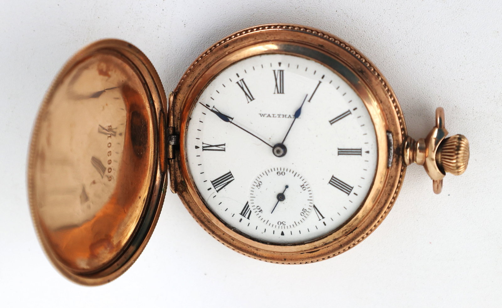 Waltham, Pocket Watch, 10K Gold Filled, American Waltham Watch Co., 8224928: Size 2 1/4 in. x 1 3/8 in. face; Waltham, Pocket Watch, 10K Gold Filled, American Waltham Watch Co., 8224928