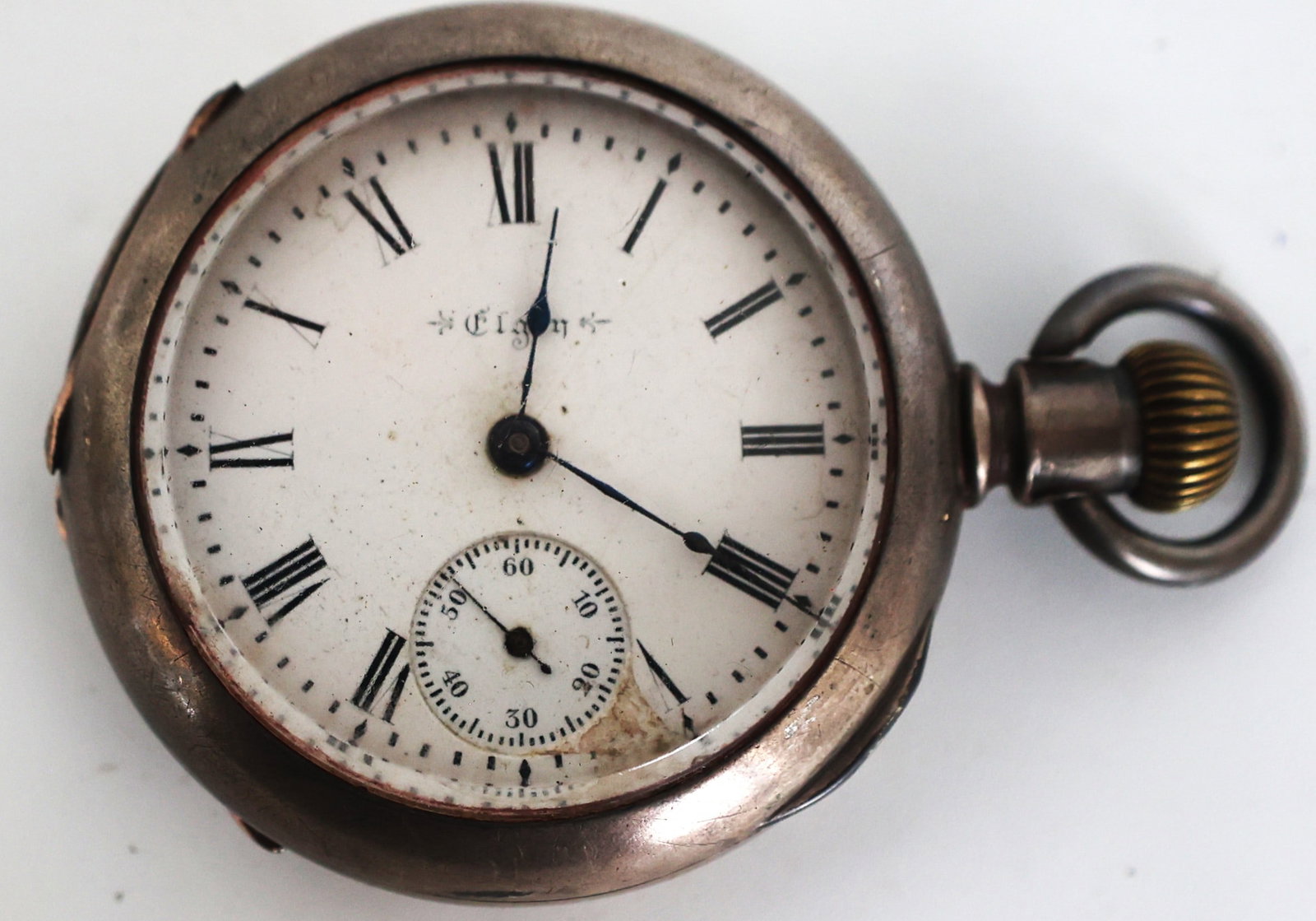 Elgin Pocket Watch, Case Tests Sterling Silver, Elgin Nat'l Watch Co, 8523238: Size: 3 1/4 in. x 2 3/4 in. face; Elgin Pocket Watch, Case Tests Sterling Silver, Elgin Nat'l Watch Co, 8523238