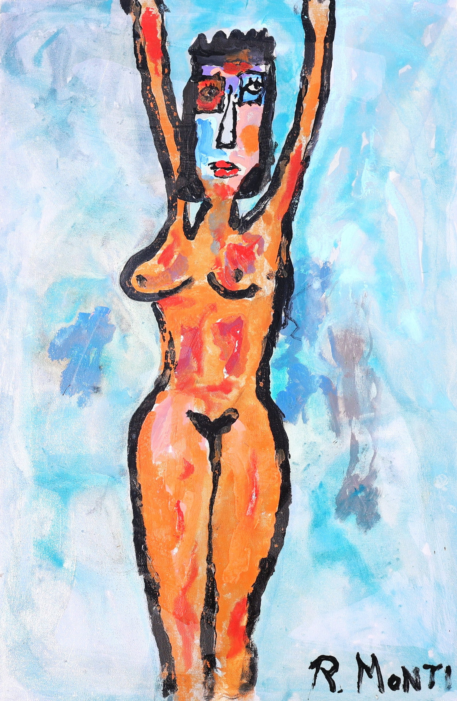 R. MONTI, mixed-media featuring thick black outlines around an orange and blue figure (1 of 4)