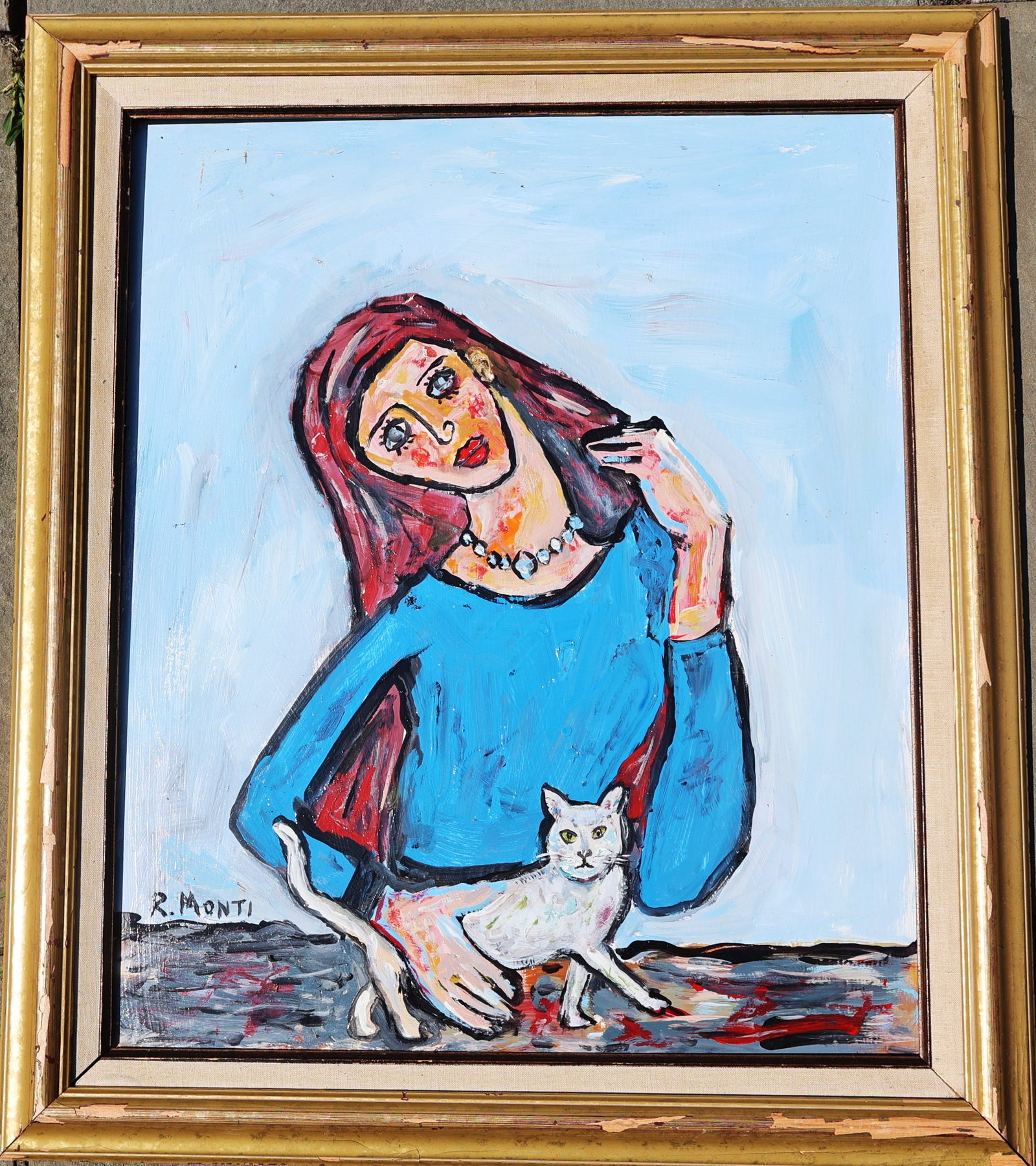 oil painting on board titled "Woman With White Cat" by listed artist Rocco Monticolo (1931–2022): Size: 24 in. x 20 in. , outer frame 29 1/2 in. x 25 1/2 in. ; oil painting on board titled "Woman With White Cat" by listed artist Rocco Monticolo (1931–2022).The artwork is signed "R. Monti" on the