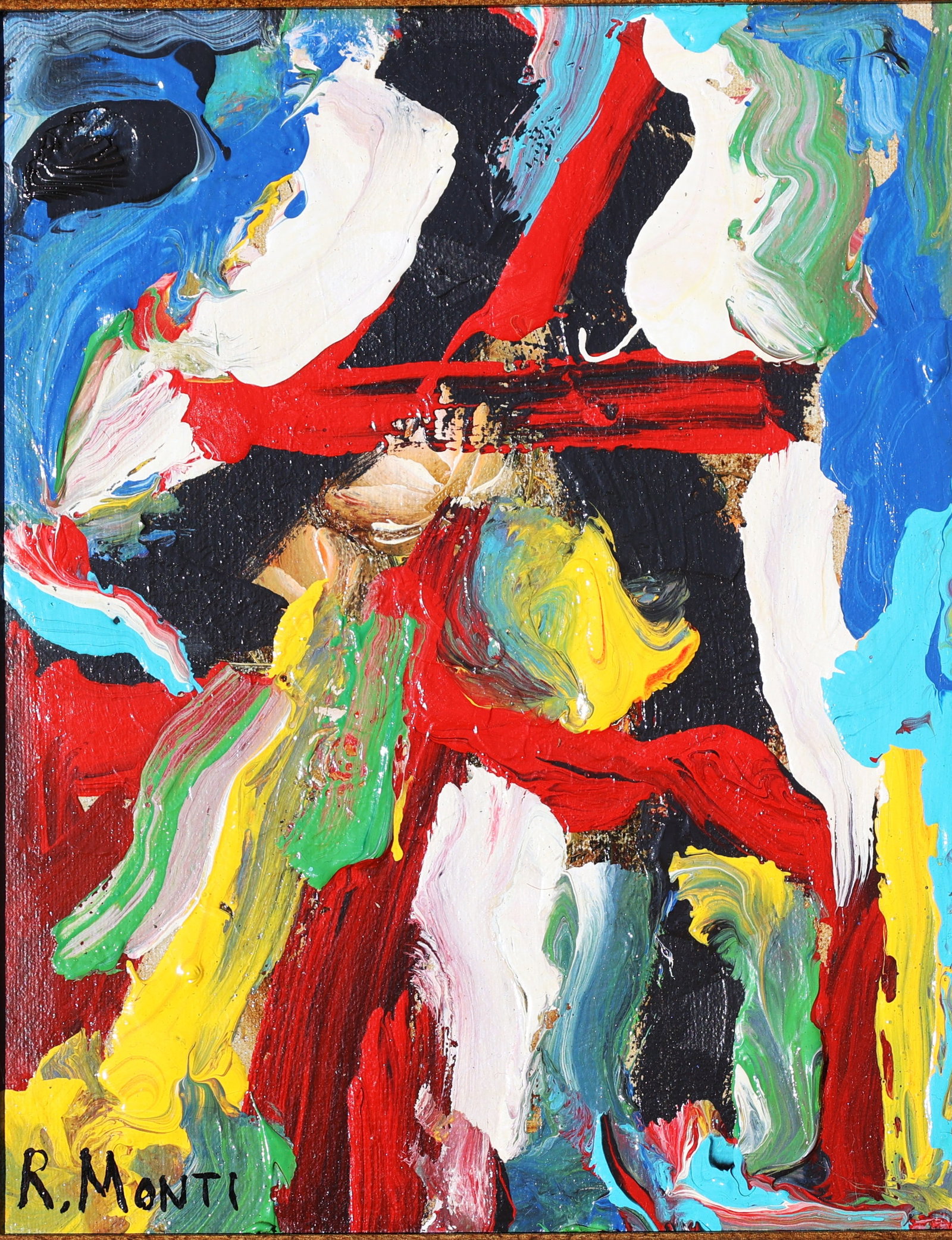 Oil on Canvas Painting Abstract Composition by the artist Rocco Monticolo, signed as "R. Monti".: Size: 10 in. x 8 in. , outer frame 18 in. x 16 in. ; abstract composition by the artist Rocco Monticolo, signed as "R. Monti".It is an oil painting on canvas featuring a vibrant, colorful palette.