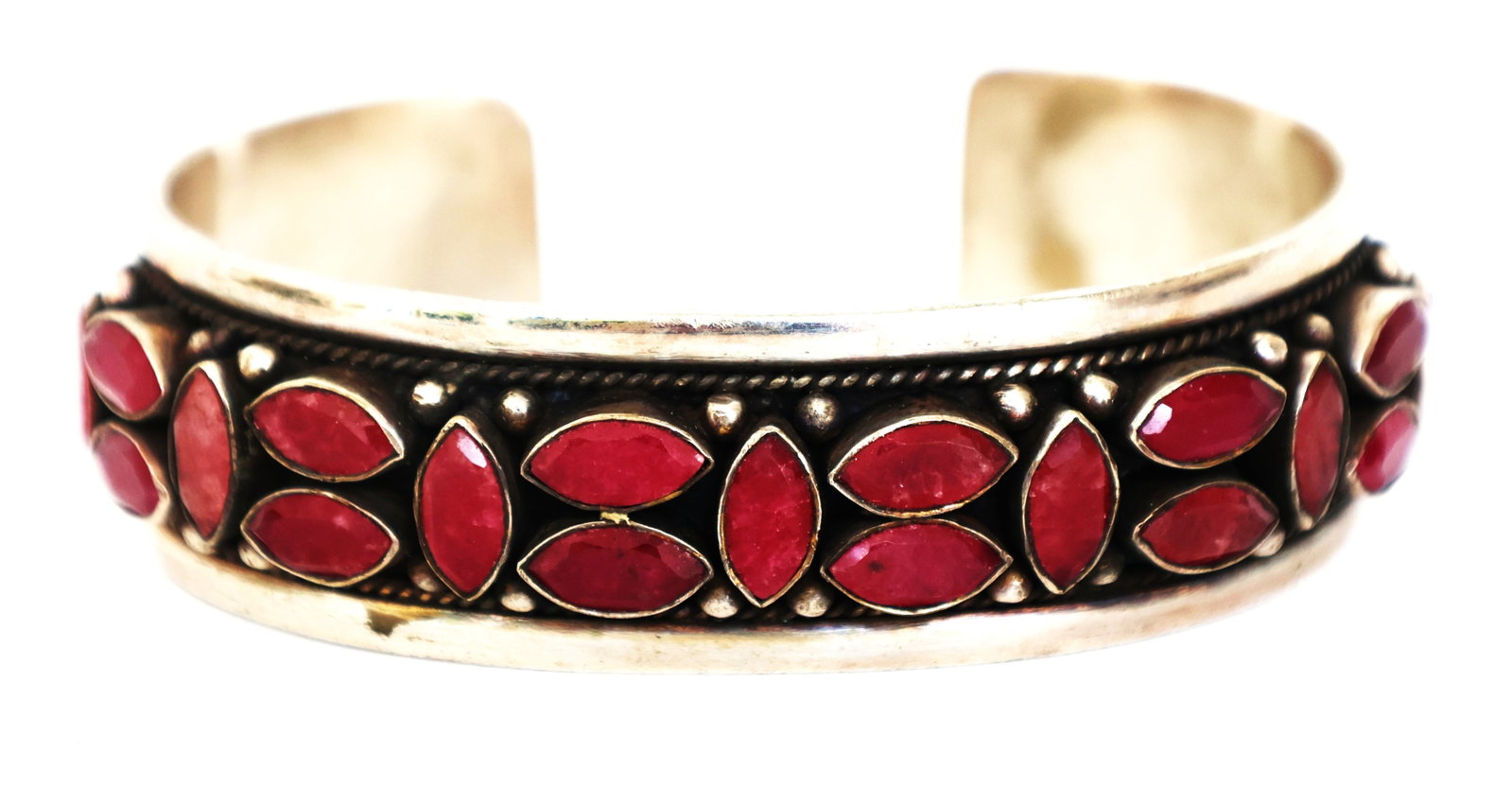 Sterling Silver Native American Indian Cuff Bracelet with 19 Rubies and Leaf Design (1 of 7)