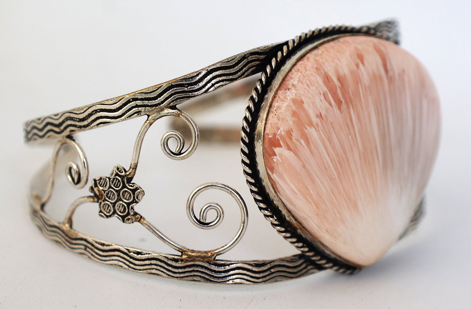 .925 Sterling Silver Fancy Hand Wrought Cuff Bracelet with MOP Shell Stone: .925 Sterling Silver Fancy Hand Wrought Cuff Bracelet with MOP Shell Stone. Size: 3 in. x 2 3/4 in. x 1 3/4 in.