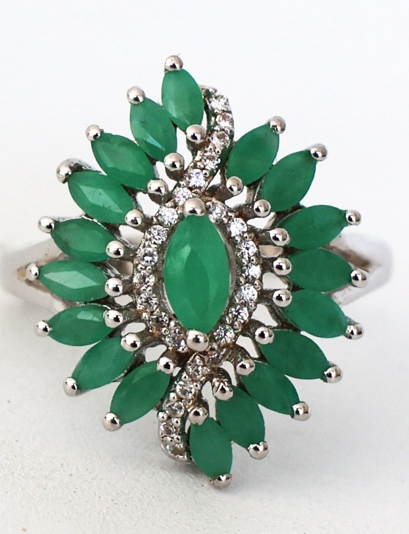 .925 Sterling Silver QJ with Emeralds and Diamonds Cocktail Ring Size 7 ; 3/4 in. x 1 in: .925 Sterling Silver QJ with Emeralds and Diamonds Cocktail Ring Size 7 ; 3/4 in. x 1 in