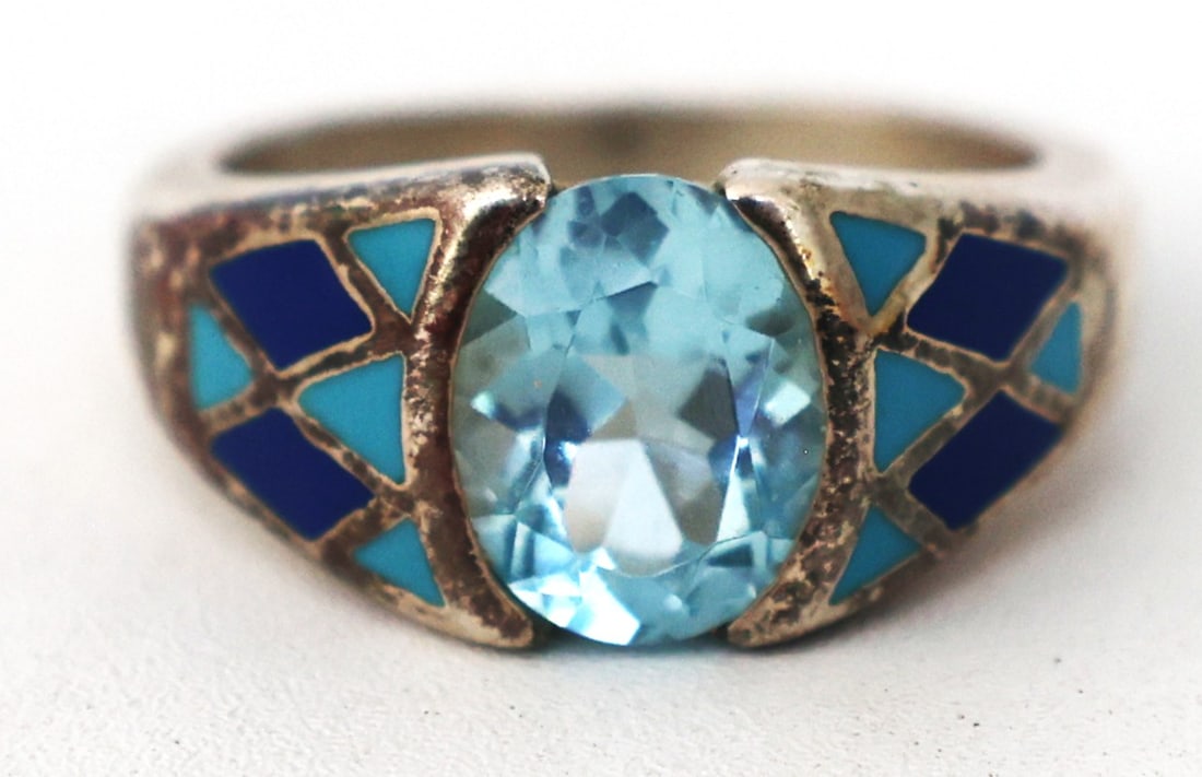 ABAYA Sterling Silver Turquoise and Lapis Inlay, Center Stone Blue Topaz Zuni Ring Size 8: ABAYA Sterling Silver Turquoise and Lapis Inlay, Center Stone Blue Topaz Zuni Ring Size 8 ; Native American, 7/8 in. x 1/2 n.