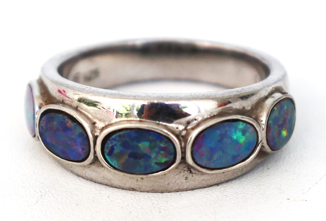 .925 Sterling Silver with 5 Opals Band Ring Size 7 ; 7/8 in. x 3/8 in.: .925 Sterling Silver with 5 Opals Band Ring Size 7 ; 7/8 in. x 3/8 in.