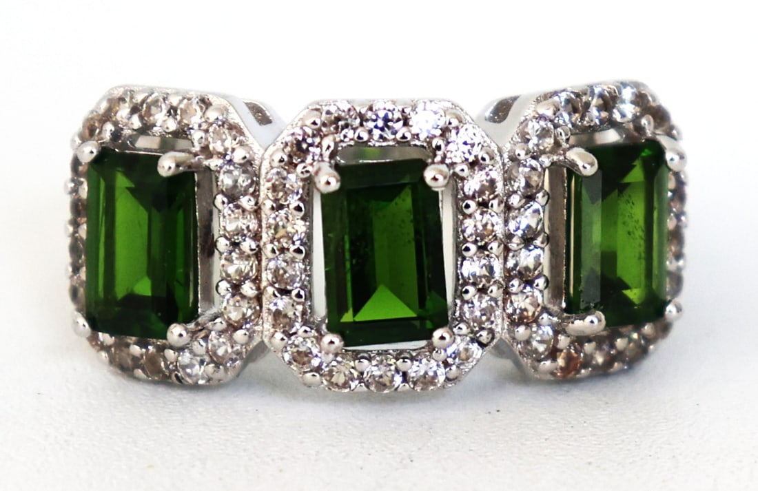 Sterling Silver with 3 Emeralds Surrounded by CZ Ring Size 6 ; 7/8 in. x 3/8 in. (1 of 5)