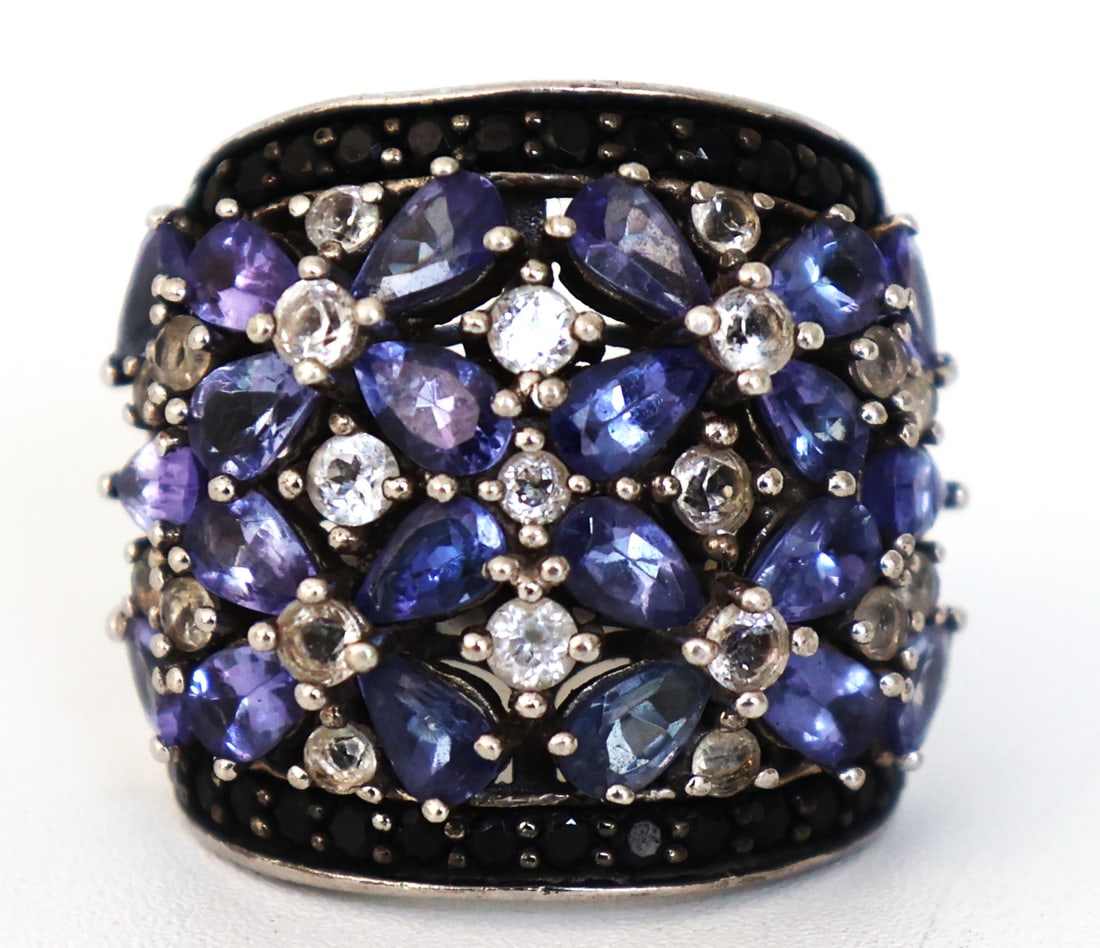 .925 Sterling Silver with Tanzanites and White Topaz Wide Ring Size 5 ; 1 in. x 1 in.: .925 Sterling Silver with Tanzanites and White Topaz Wide Ring Size 5 ; 1 in. x 1 in.
