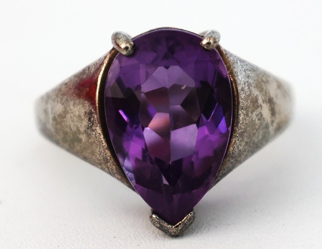.925 Sterling Silver Purple Amethyst Tear Shape Ring Size 7 (1 of 5)