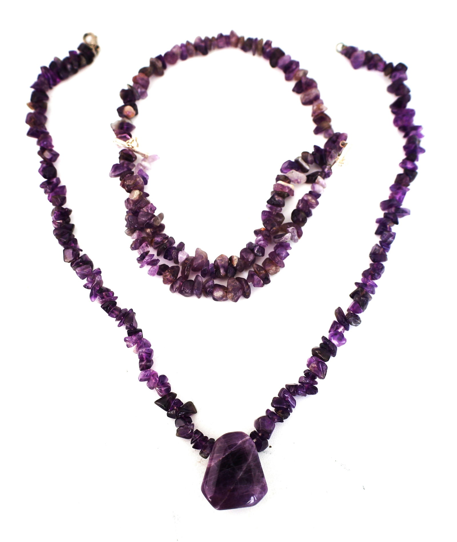 2 Piece Purple Amethyst Set, .925 Sterling Clasp, Chip Beads Necklace with Large Pendant: 2 Piece Purple Amethyst Set, .925 Sterling Clasp, Chip Beads Necklace with Large Purple Amethyst Stone Pendant 19 in. x 3/8 in., pendant 1 in. x 1 in.; with .925 Sterling Clasp Purple Amethyst Chip Br