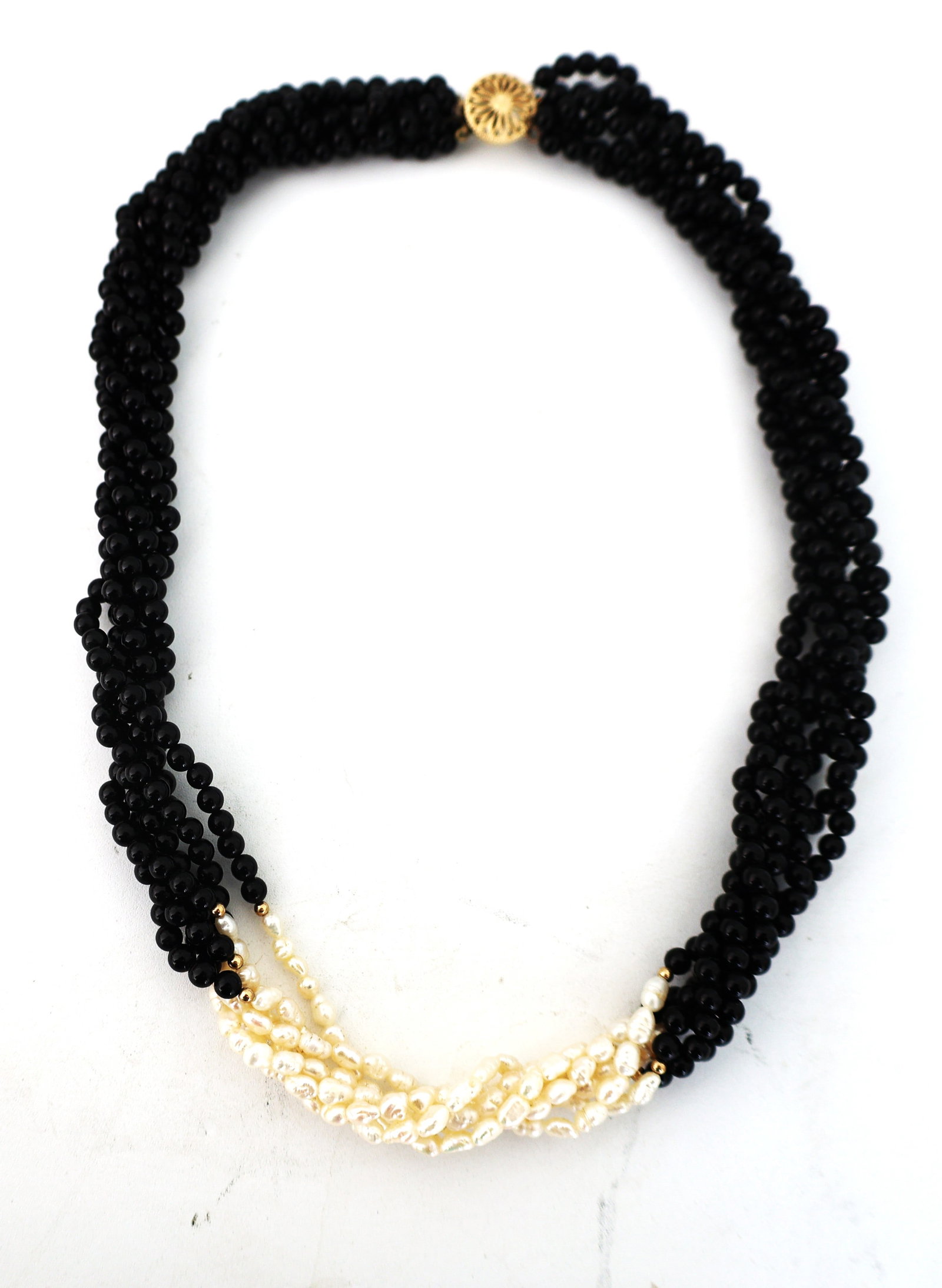 Silver Clasp Black Onyx Beads, Seed Pearls and 14K Gold Spacer Beads Necklace 18 in. x 3/4 in.: Silver Clasp Black Onyx Beads, Seed Pearls and 14K Gold Spacer Beads Necklace 18 in. x 3/4 in.