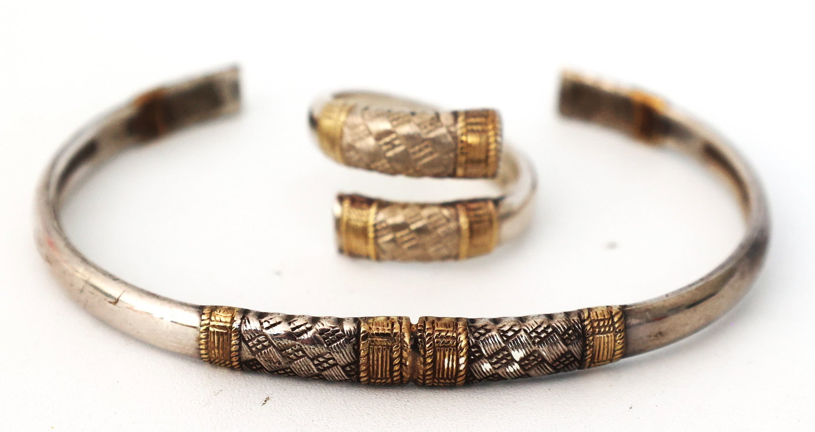 Wallace Sterling Silver and 18K Gold Cuff Bracelet with Gold Accents & Wallace Sterling 18K Ring 6: Wallace Sterling Silver and 18K Gold Cuff Bracelet with Gold Accents 2 1/2 in. x 2 in. x 1/4 in. & Wallace Sterling Silver and 18K Ring Size 6 , 7/8 in. x 1/2 in.