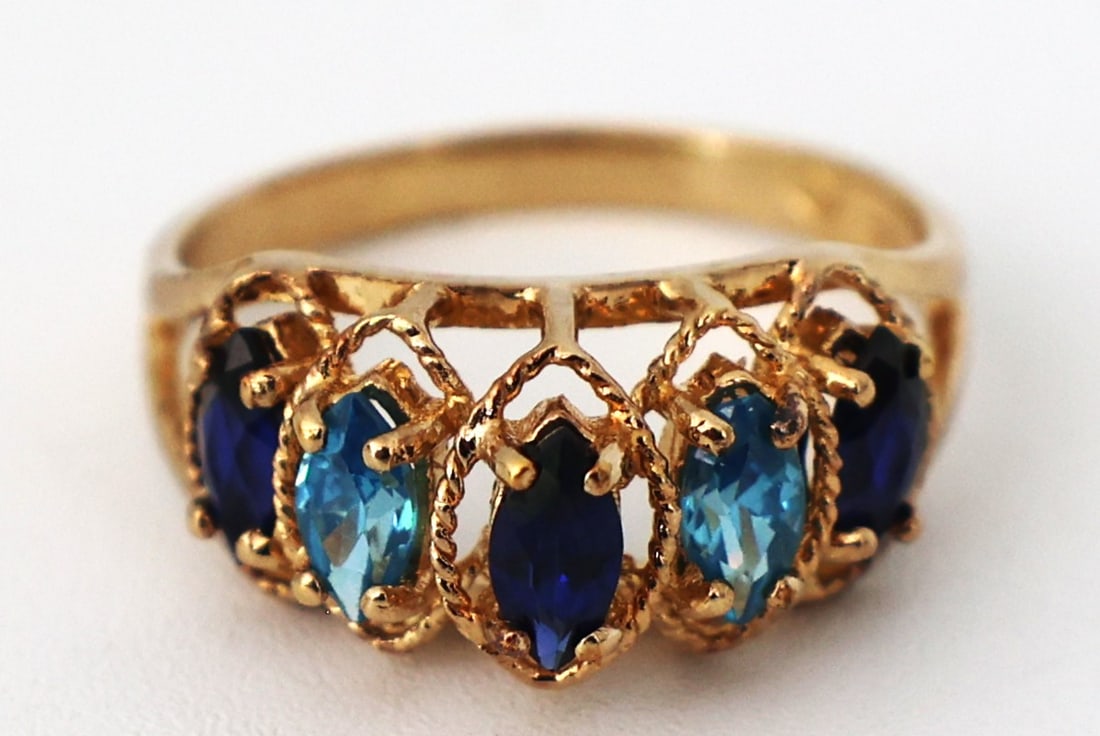 .925 Sterling Silver with Blue Sapphires, Blue Tourmalines Ring Size 8 ; 3/4 in. x 3/8 in.: .925 Sterling Silver with Blue Sapphires, Blue Tourmalines Ring Size 8 ; 3/4 in. x 3/8 in.
