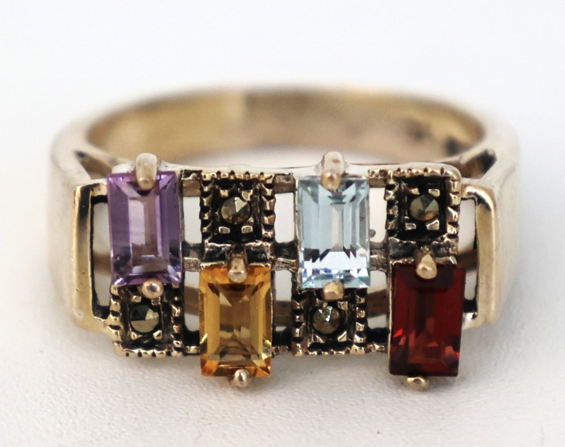 .925 Sterling Silver with Marcasites, Garnet, Blue Topaz, Citrine, Purole Amethyst Ring Size 8 (1 of 6)