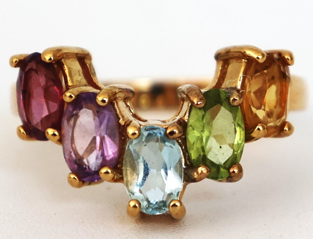 .925 Sterling Silver with Vermeil, Garnet, Purple Amethyst, Blue Topaz, Peridot, Citrine Ring Size 8: .925 Sterling Silver with Vermeil, Garnet, Purple Amethyst, Blue Topaz, Peridot, Citrine Ring Size 8 ; 3/4 in. x 1/2 in.