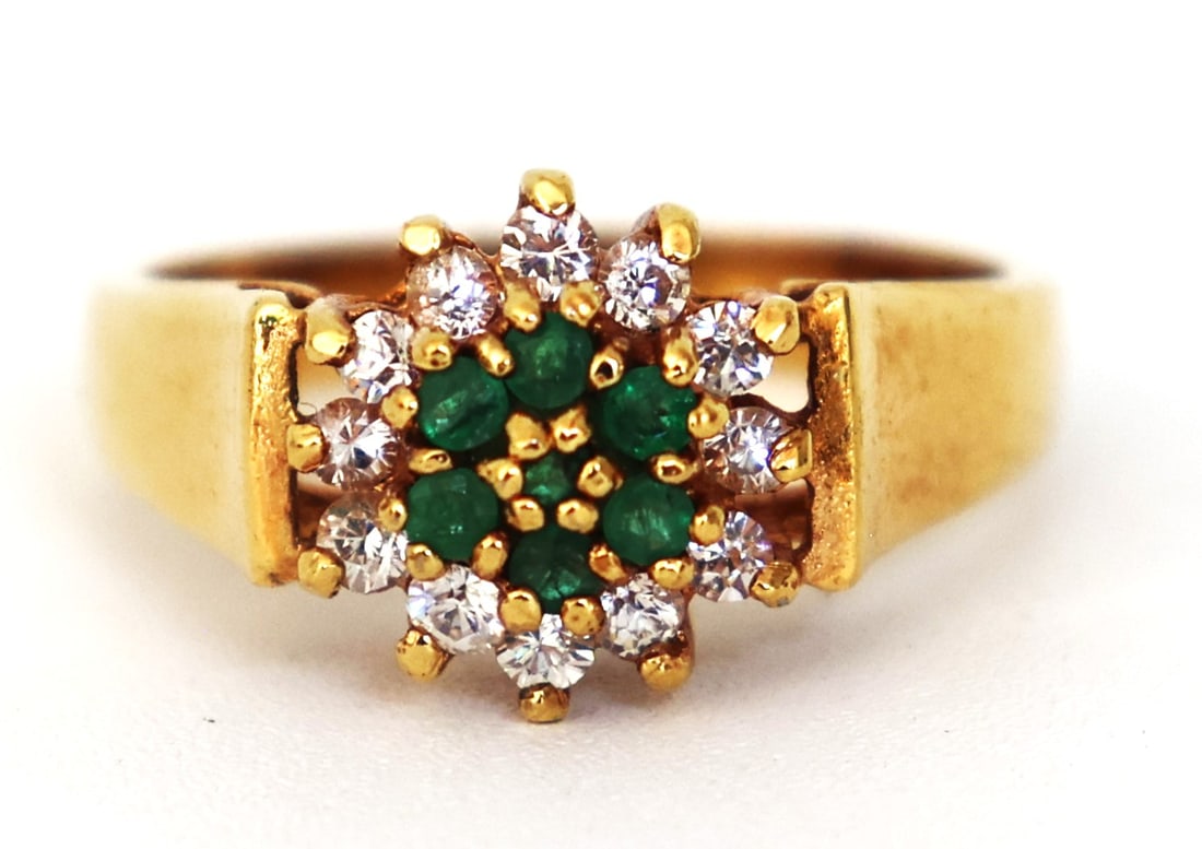 10K P Yellow Gold Ring with Emeralds and CZ ; Ring Size 8 ; 3/4 in. x 1/2 in. (1 of 7)