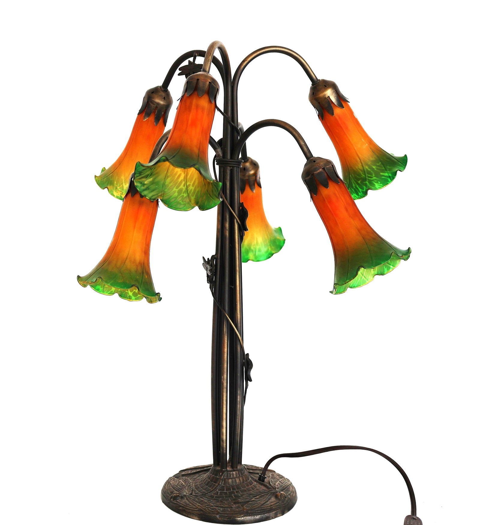 6-Light Lily Tiffany-style Table Lamp, Amber and Green Art Glass Shades on Metal Dragonfly Base: Size: 25 inches height, 20 inches wide, 7 1/2 inch diameter base ; 6-Light Lily Tiffany-style Table Lamp, Amber and Green Art Glass Shades on Metal Dragonfly Base, all shades are goof, no cracks, meta