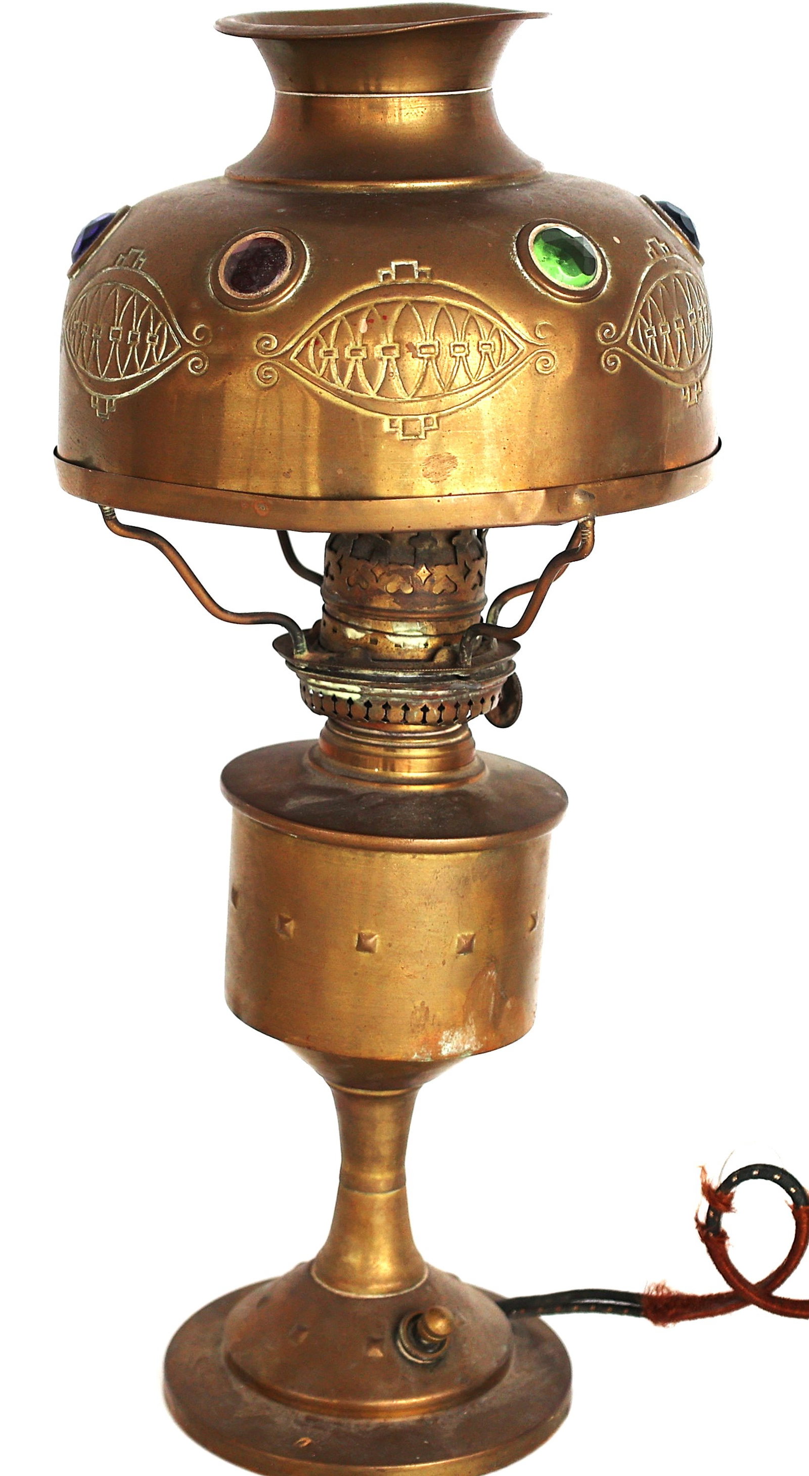 Antique Austrian Brass Jeweled Oil Lamp Converted to Electric 13 1/2 inches height x 6 in. dia.: Size: 13 1/2 inches height, 6 inches shade, 4 inch diameter base.Antique Austrian Brass Jeweled Oil Lamp Converted to Electric 13 1/2 inches height x 6 in. dia.