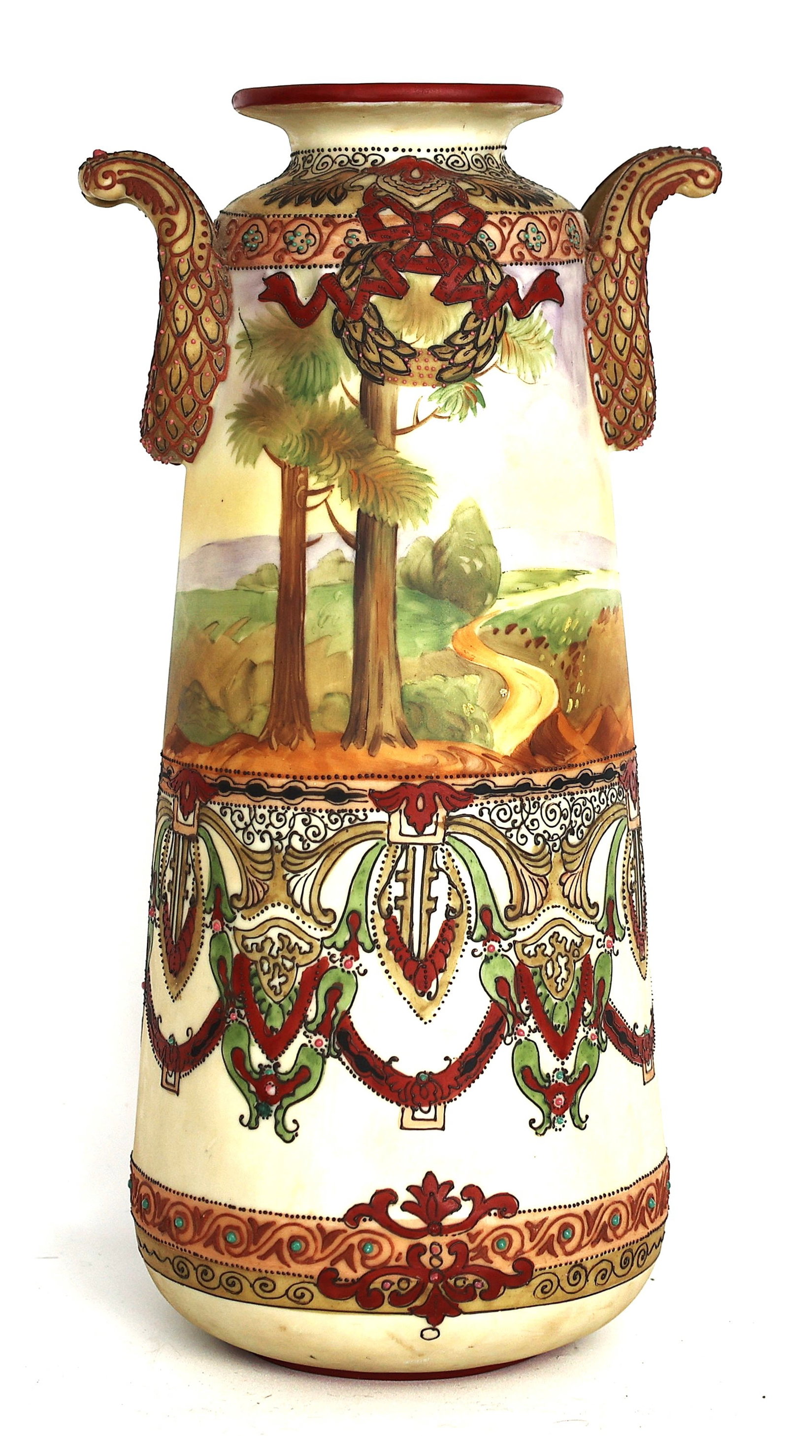 Quality NIPPON Vase Bucolic Design Panel Circling the Top Half, Double-handle, Moriage Draped Floral (1 of 13)