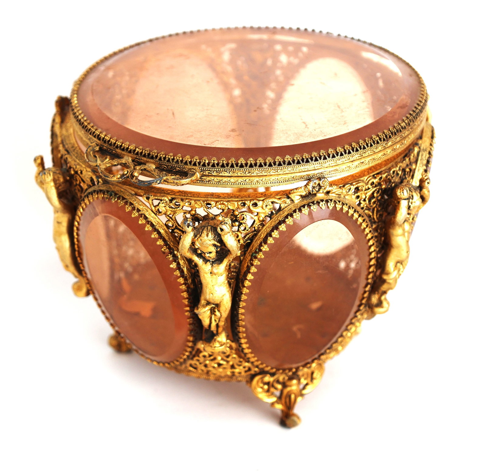 French Ormolu Gilded Brass Jewelry Casket, Beveled Amber Glass Panels Ornate Cherub Motif (1 of 7)