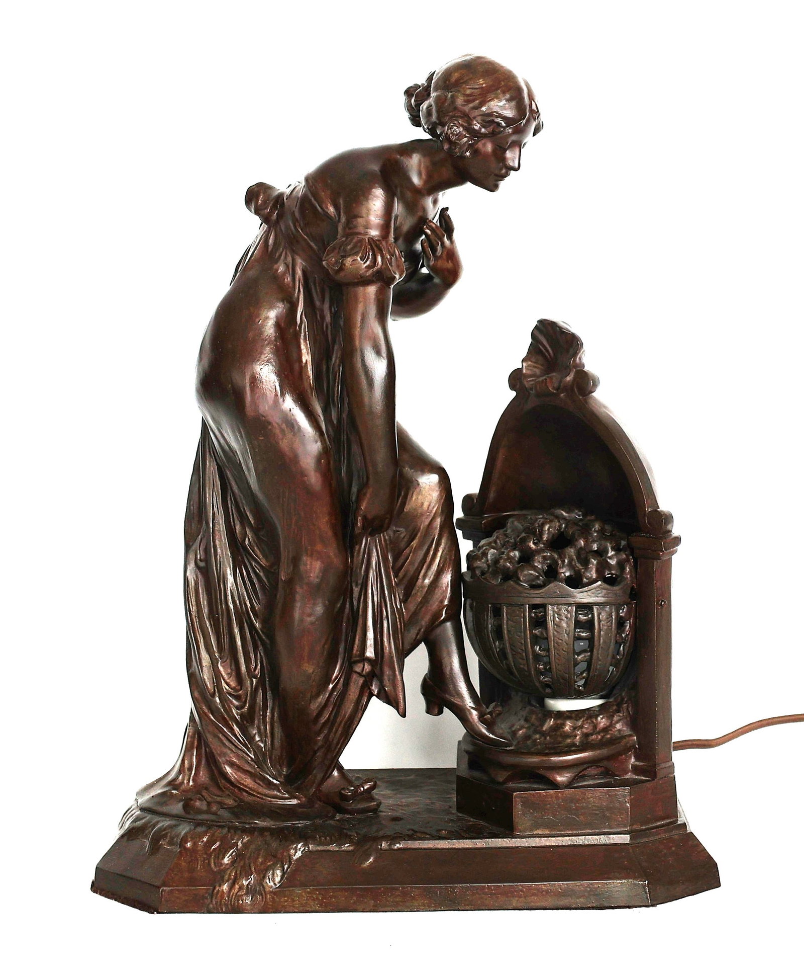 Art Nouveau Bronzed Cast Metal Spelter Figural Lamp Entitled "Frileuse" Signed Julien Caussse (1 of 11)
