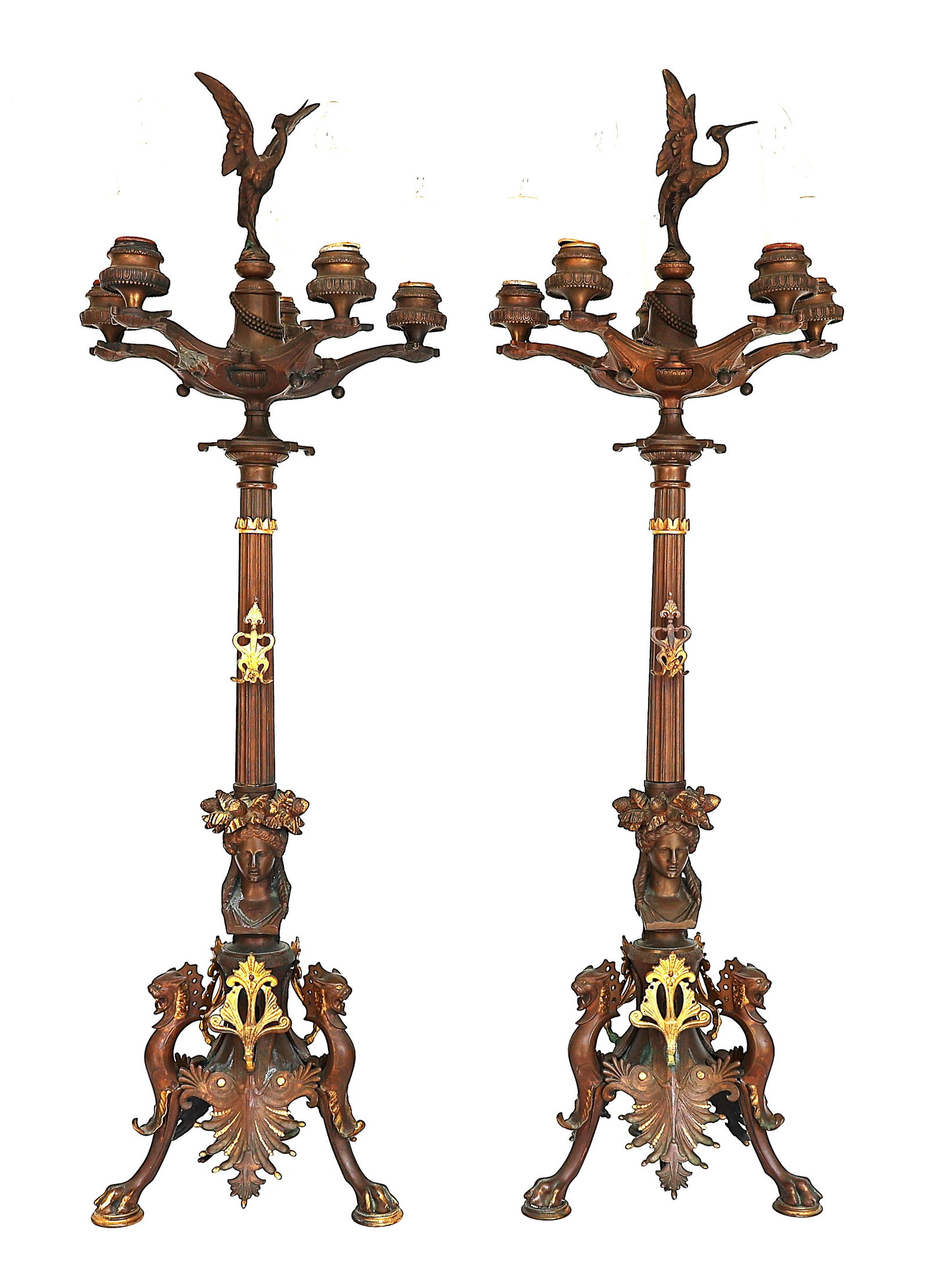 19th-century French candelabra in the Néogrec style, featuring patinated and gilt bronze with stork (1 of 11)