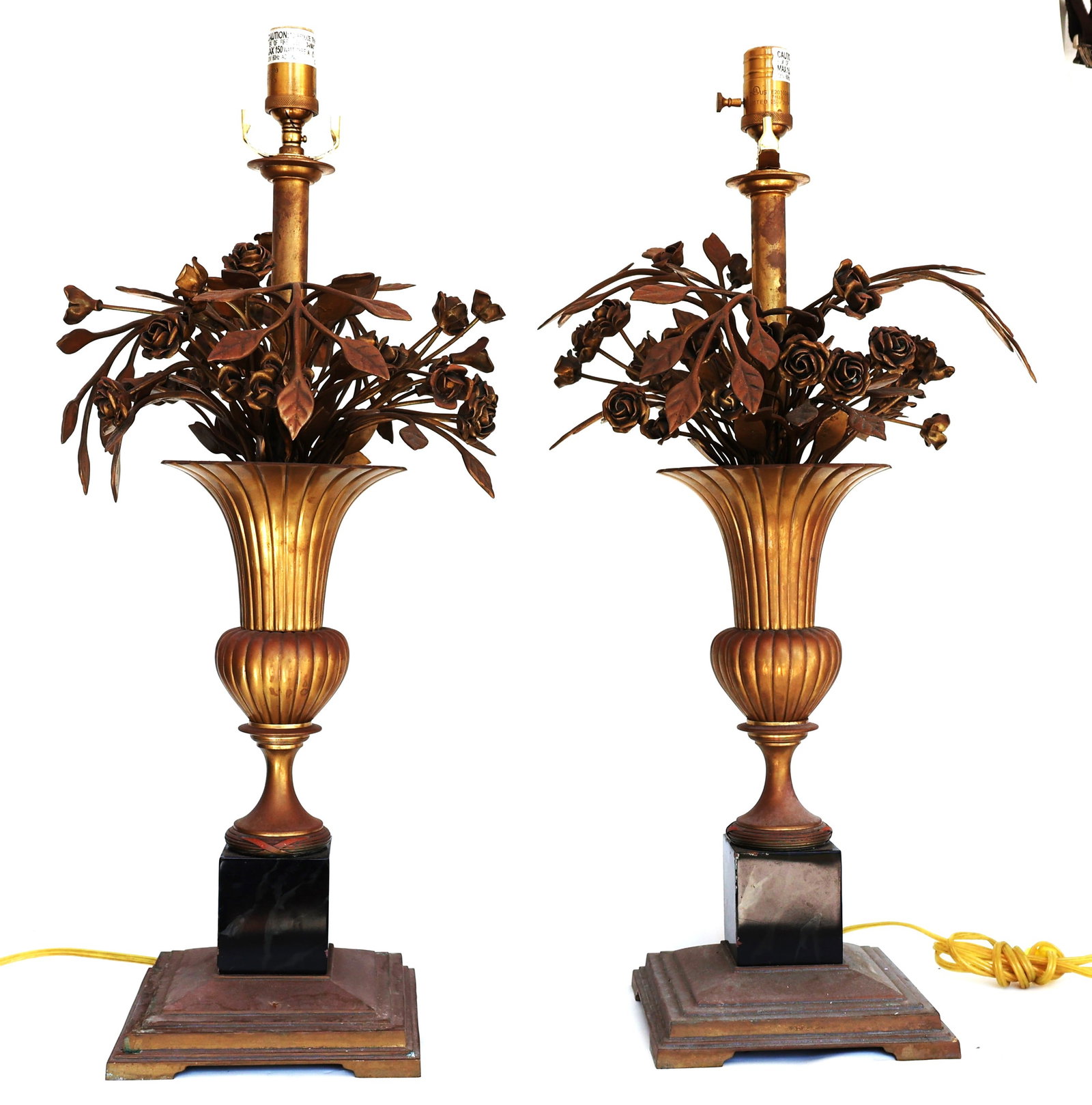vintage table lamps are likely Italian tole work featuring a gold-toned bouquet of roses emerging fr (1 of 7)