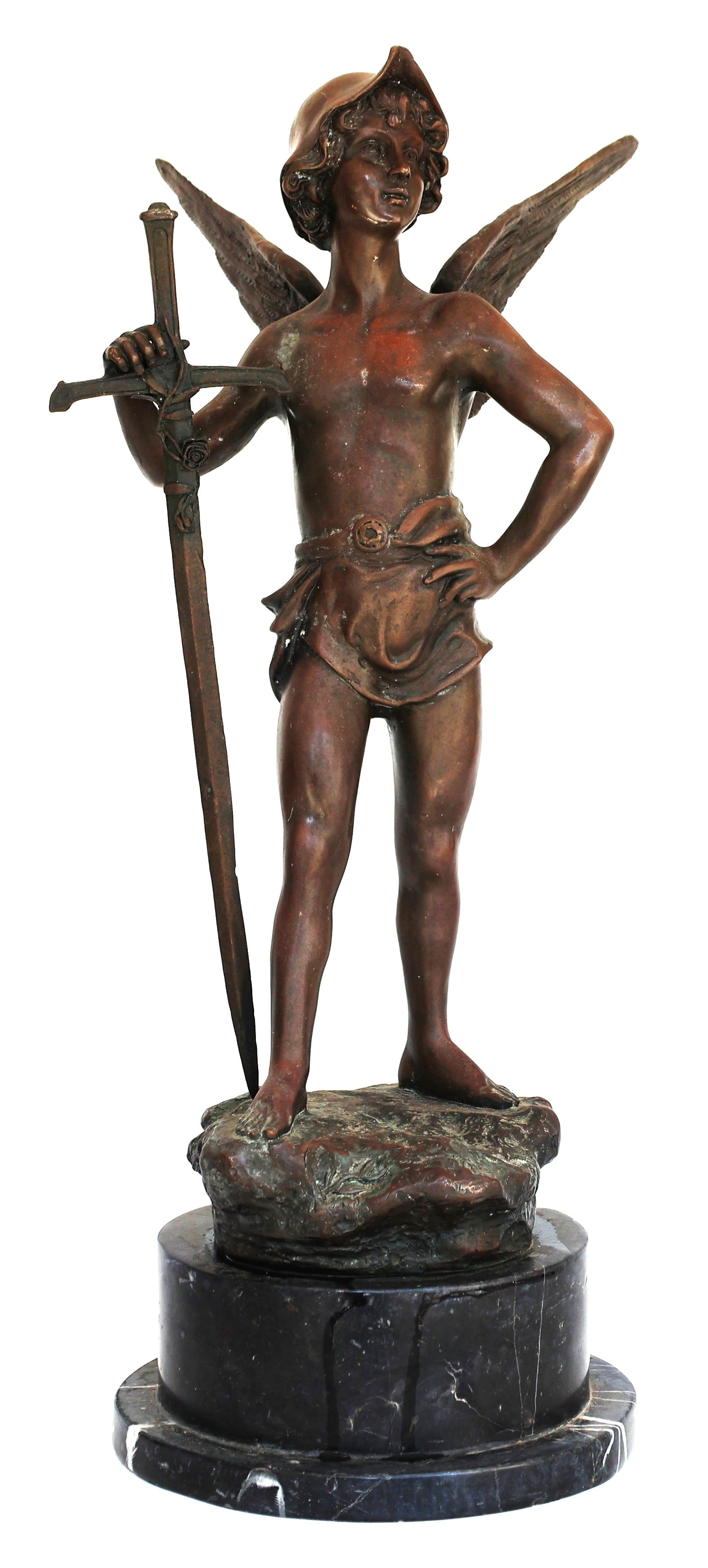 bronze figure "Enfant Guerrier" by Marcel Debut, featuring a young winged warrior resting his hand (1 of 10)