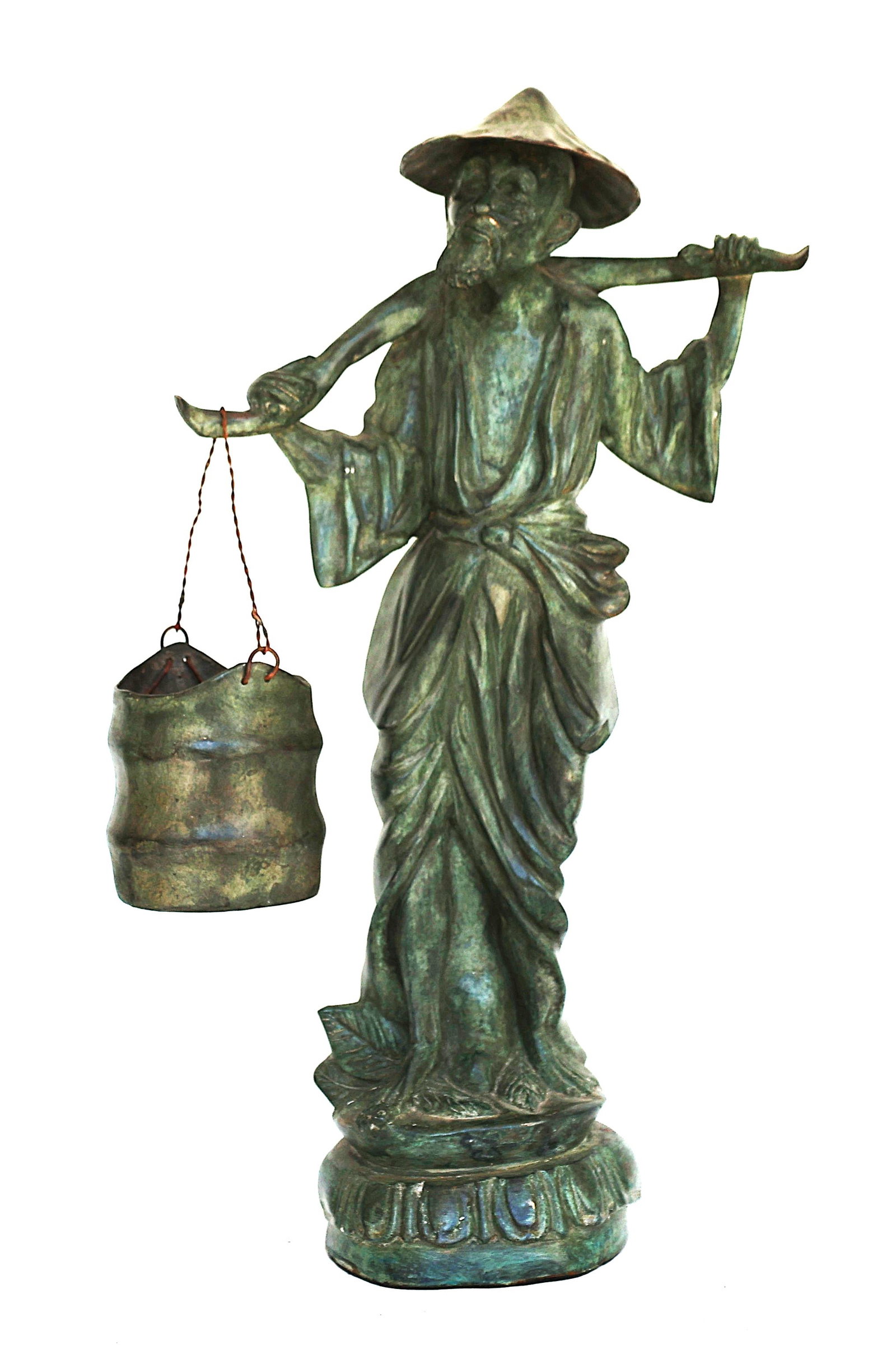 vintage Chinese bronze water carrier figurine featuring a distinctive green patina finish. (1 of 7)
