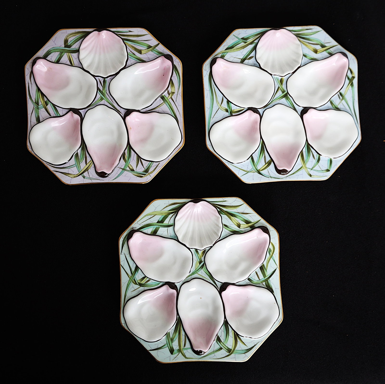 3 Victorian-era style porcelain oyster plates featuring six molded wells designed for serving oyster (1 of 5)