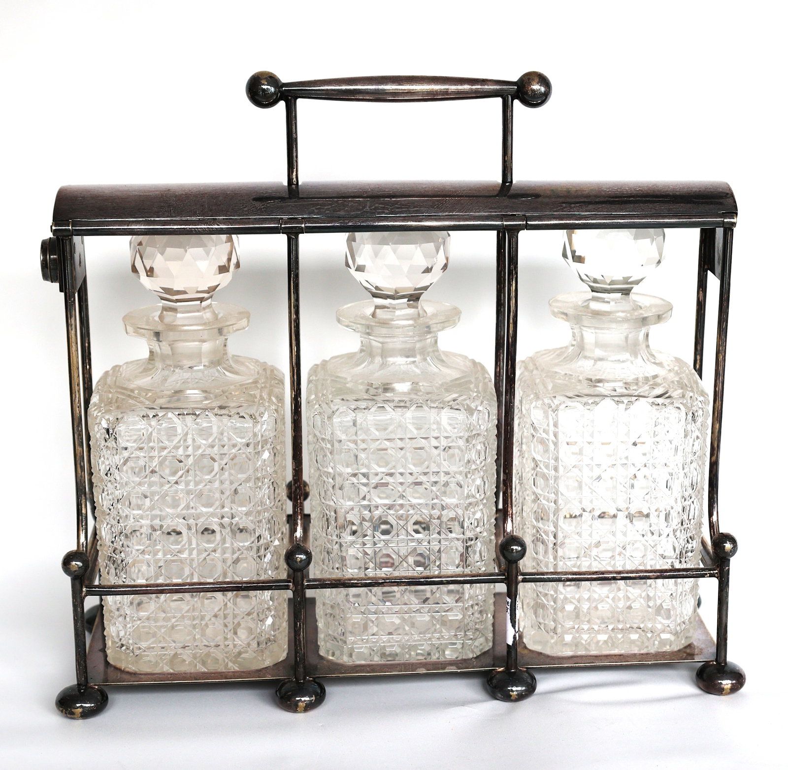 Antique English Cut Glass and Silver-Plated Tantalus Decanter Set [3 Decanter Bottles] (1 of 6)