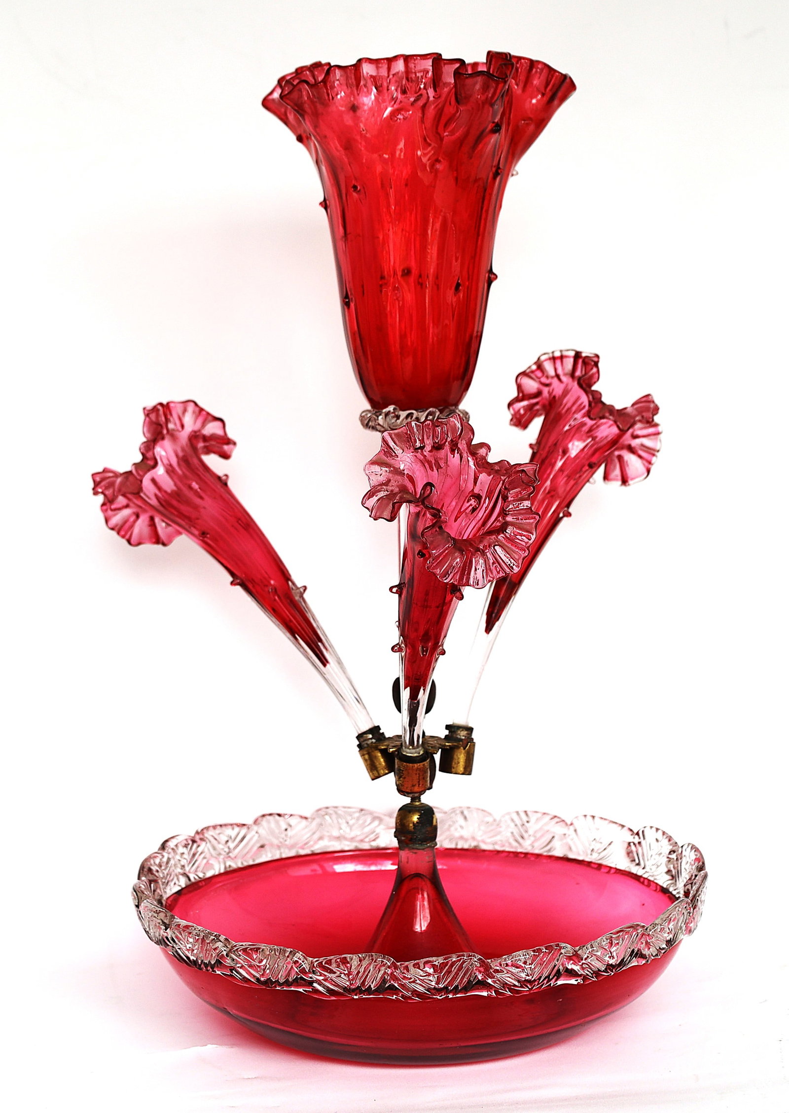 1870s Victorian Cranberry Glass Epergne Centerpiece Ruffled Trumpets and a Crimped Bowl. (1 of 8)