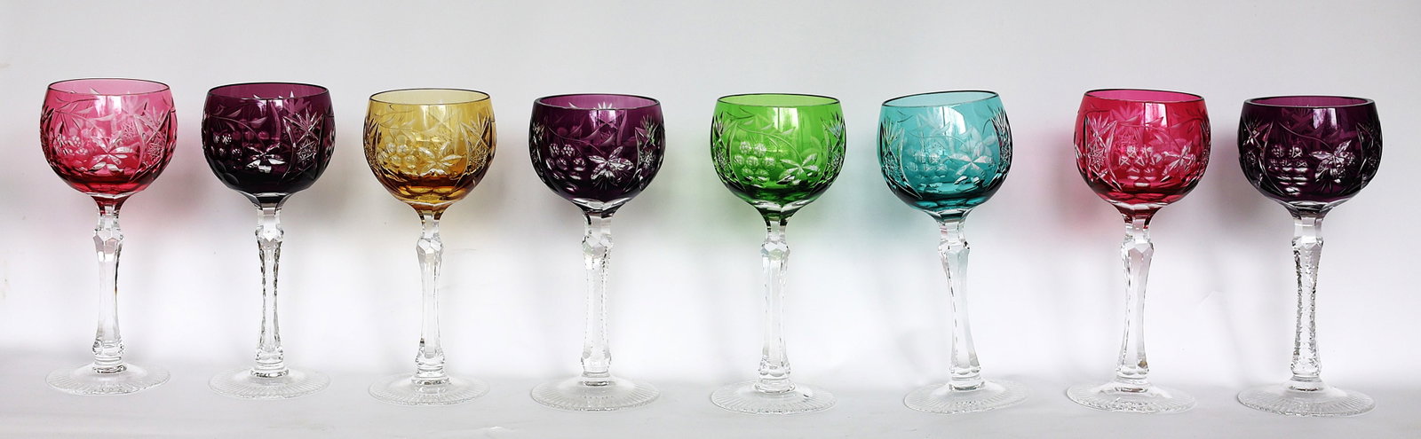 vintage Beyer cut-to-clear crystal wine glasses from the 1970s featuring a color overlay and grape m: Sizevintage Beyer cut-to-clear crystal wine glasses from the 1970s featuring a color overlay and grape motif