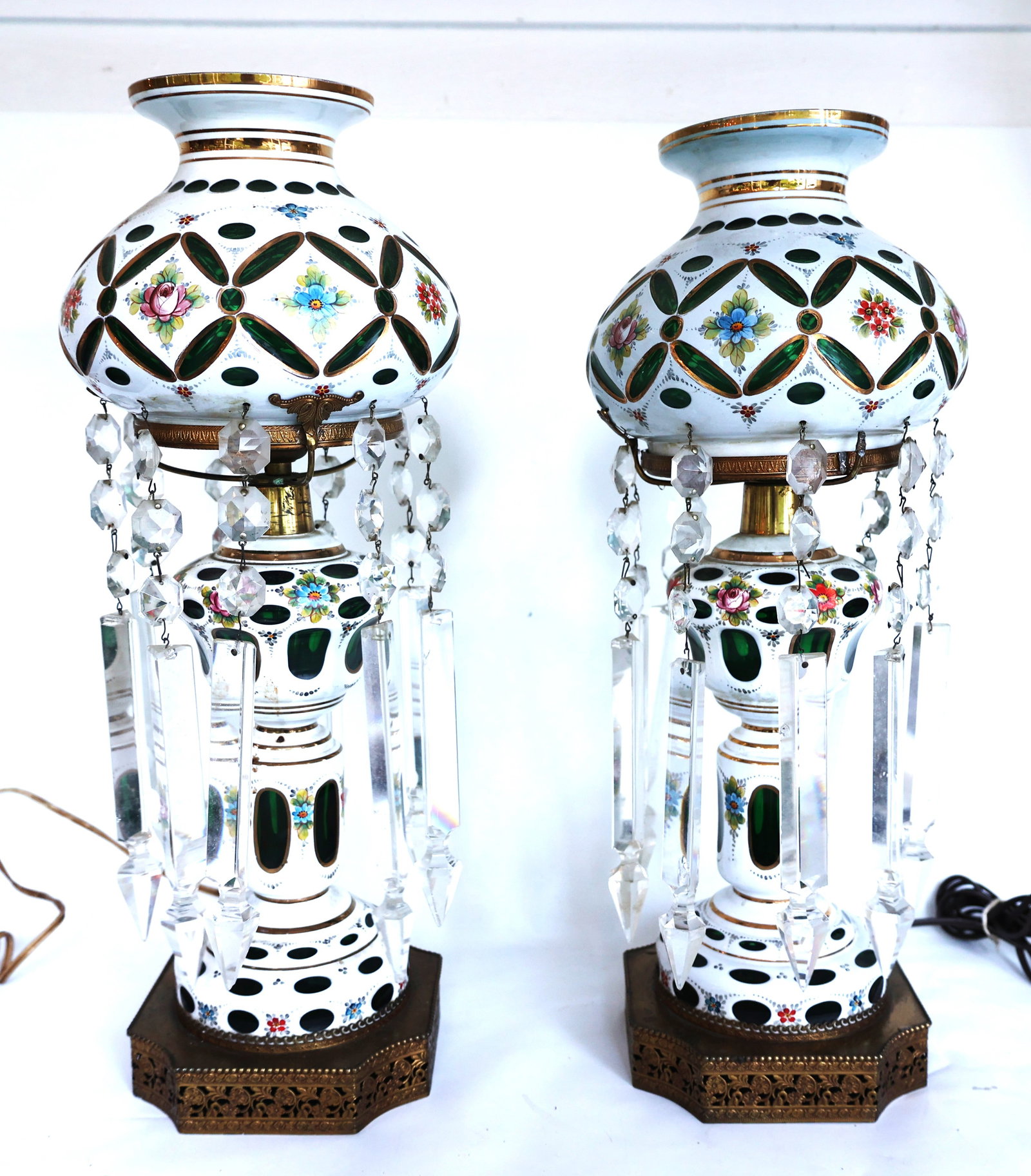 pair of Bohemian art glass hand-painted mantle lusters featuring white glass with a green overlay cu (1 of 8)