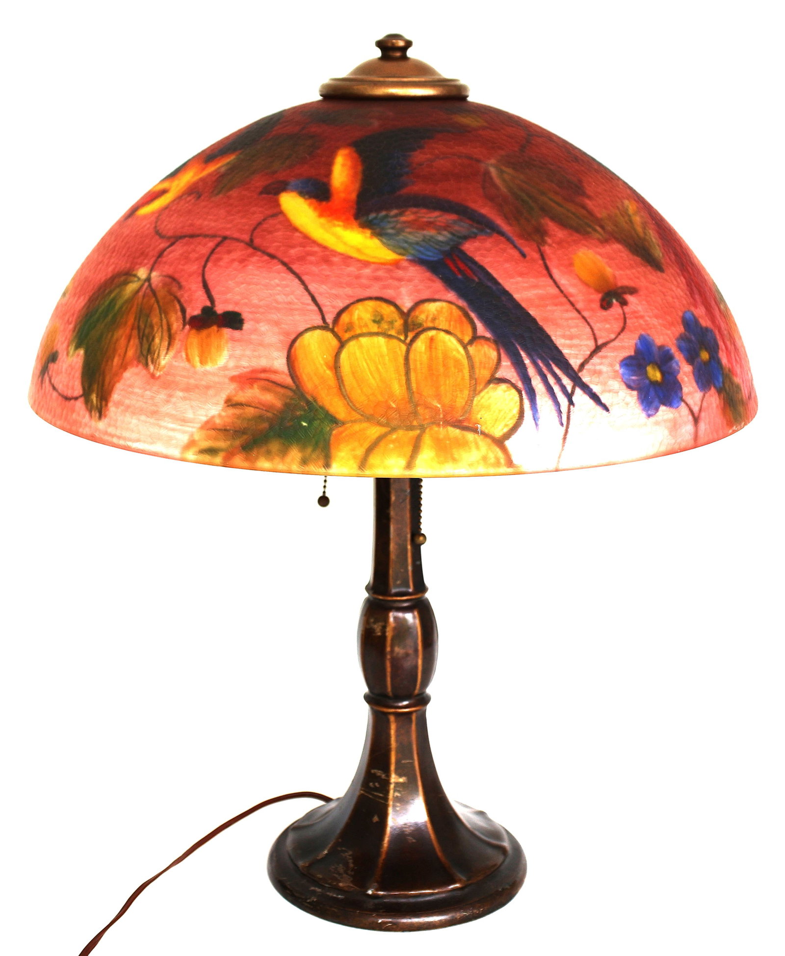 Quality Antique Reverse Painted Glass Shade Table Lamp with Exotic Birds 18 in. dia. shade (1 of 7)