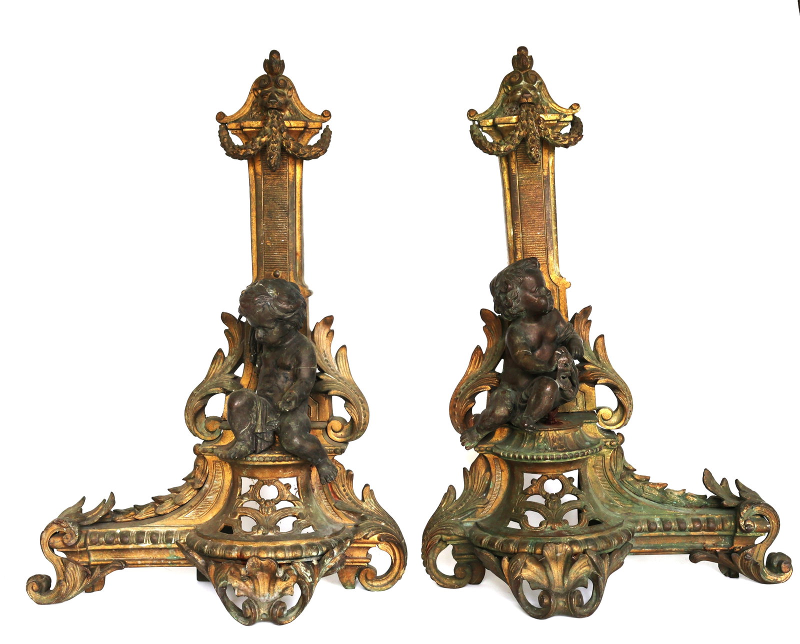 pair of antique French Rococo or Empire style andirons featuring bronze cherubs (putti) on gold-fin (1 of 7)